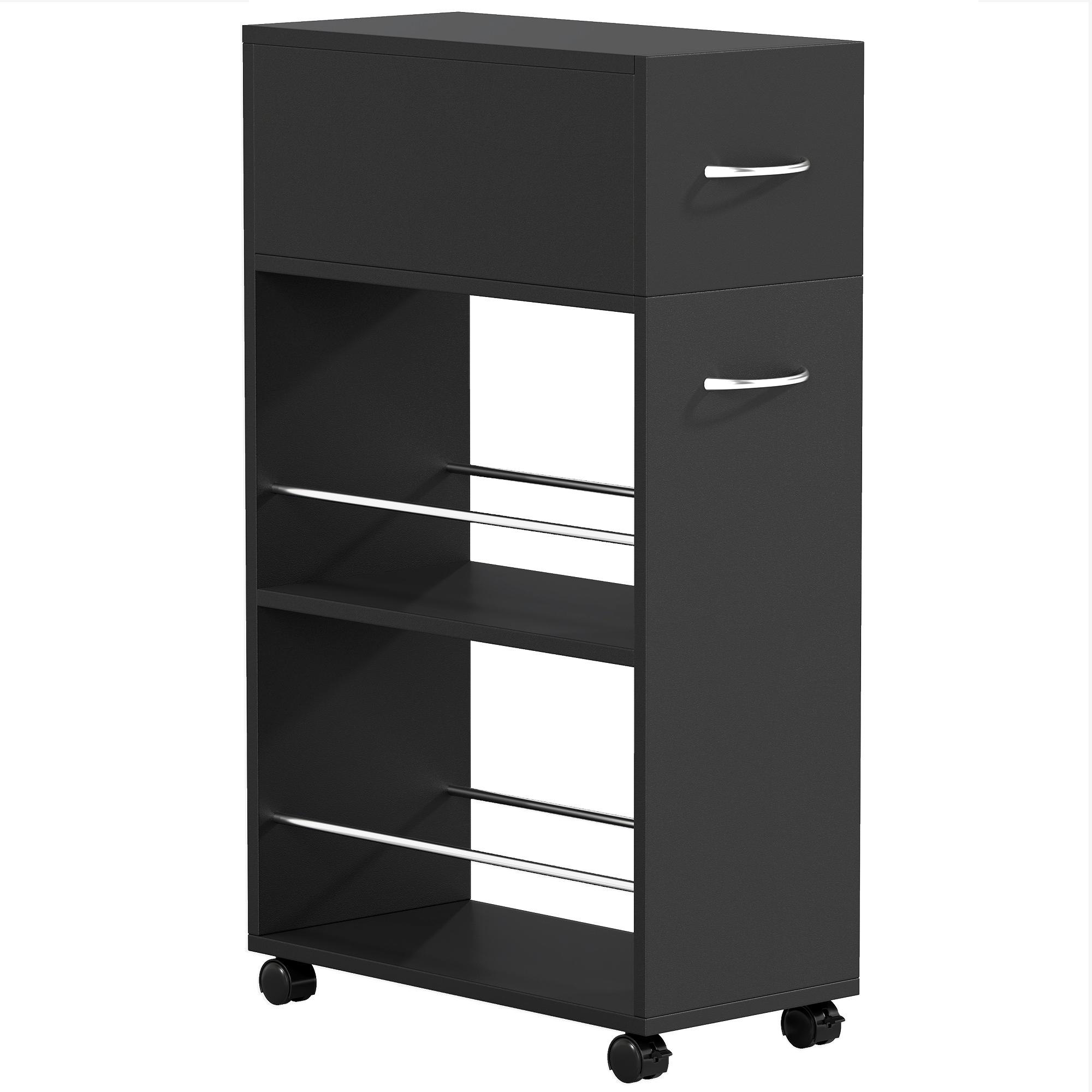 BRADFIELD 3 Tier Rolling Kitchen Storage Trolley with Drawer, Worktop and 4 Wheels - Black - Life Essentials
