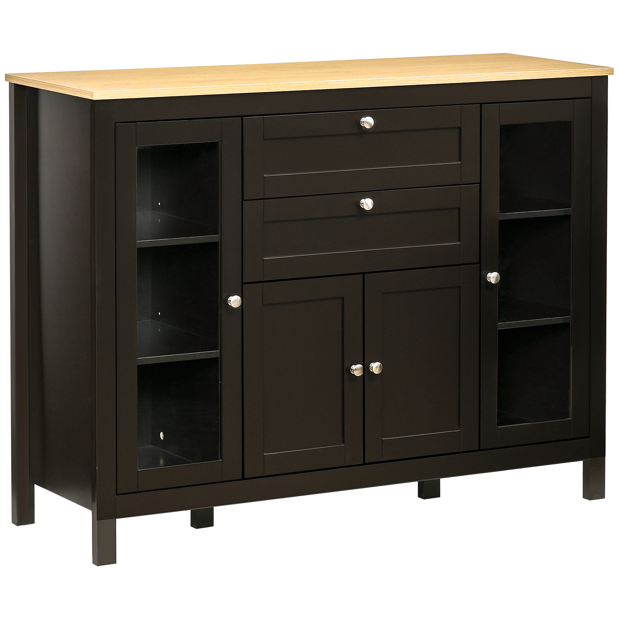 BRIDGFORD Sideboard Storage Cabinet with Oak Top, 4 Doors, 2 Drawers and 5 Adjustable Shelves - Black Brown and Oak - Life Essentials