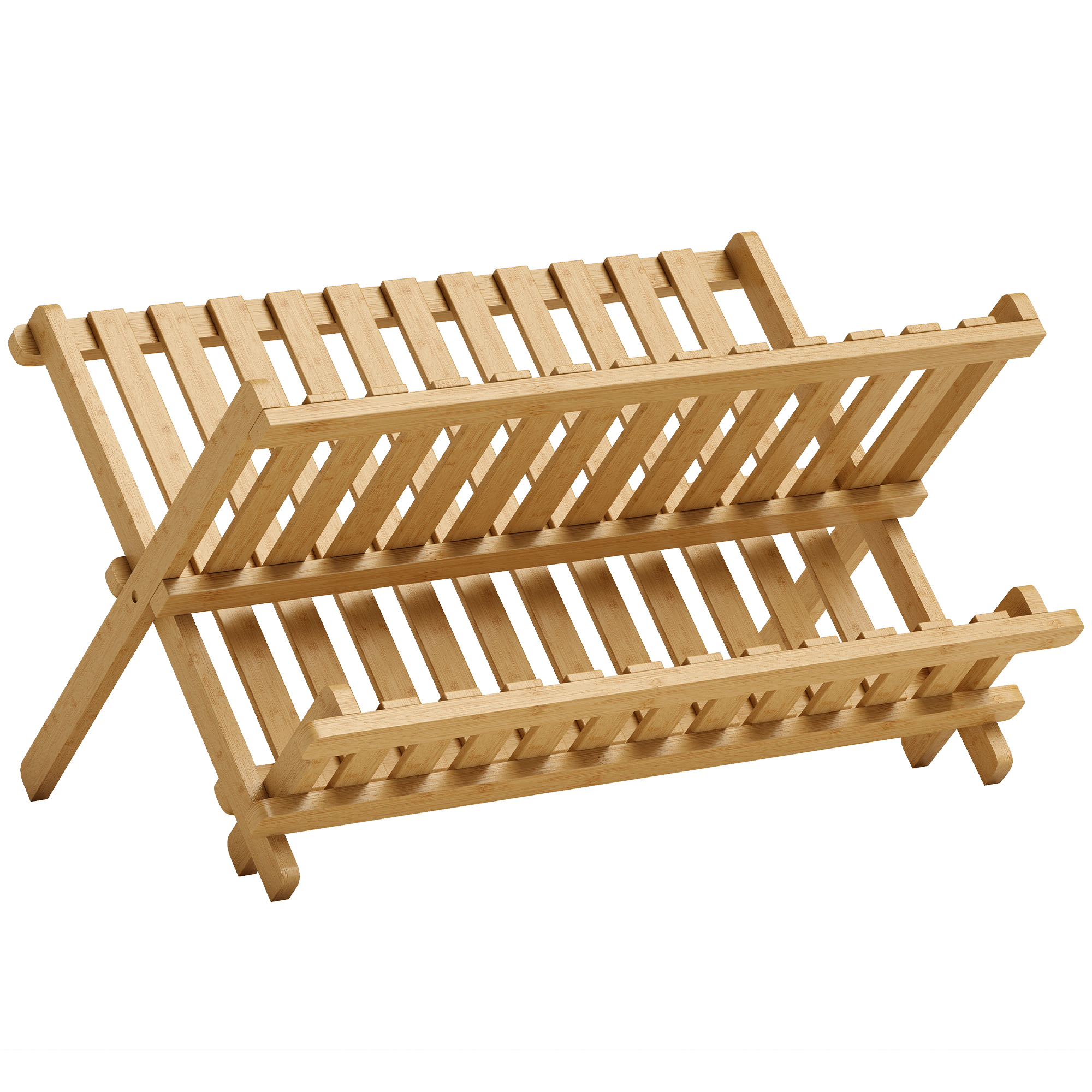 BRIDGEWATER 2 Tier Foldable Kitchen Storage Rack with Slatted Draining Shelves - Natural Wood Finish - Life Essentials