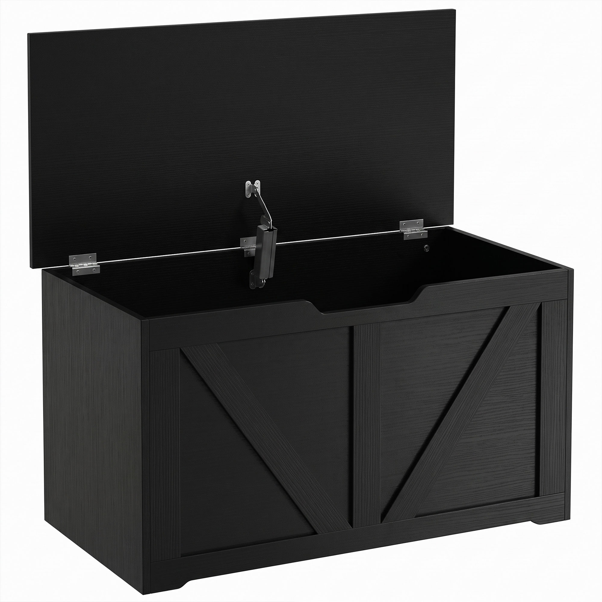 JUVRIA 100L Particleboard Home Storage Box with Safety Hinge and Wood Effect - Black - Life Essentials
