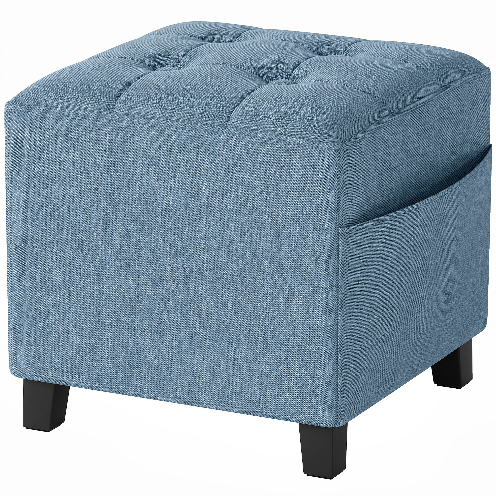 KALEN Small Square Ottoman Footstool with Side Pocket, Wood Legs and Padded Seat - Dark Blue - Life Essentials