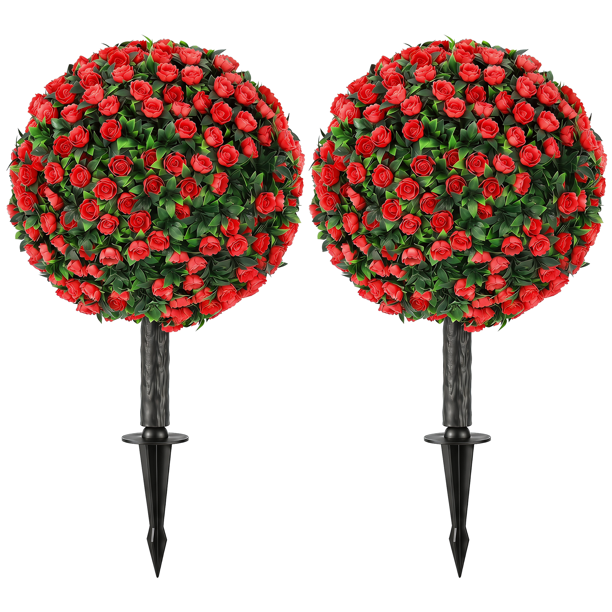 KIMBOLTON Set of 2 UV Resistant Artificial Rose Topiary Plants, 55 cm Tall - Red - Life Essentials