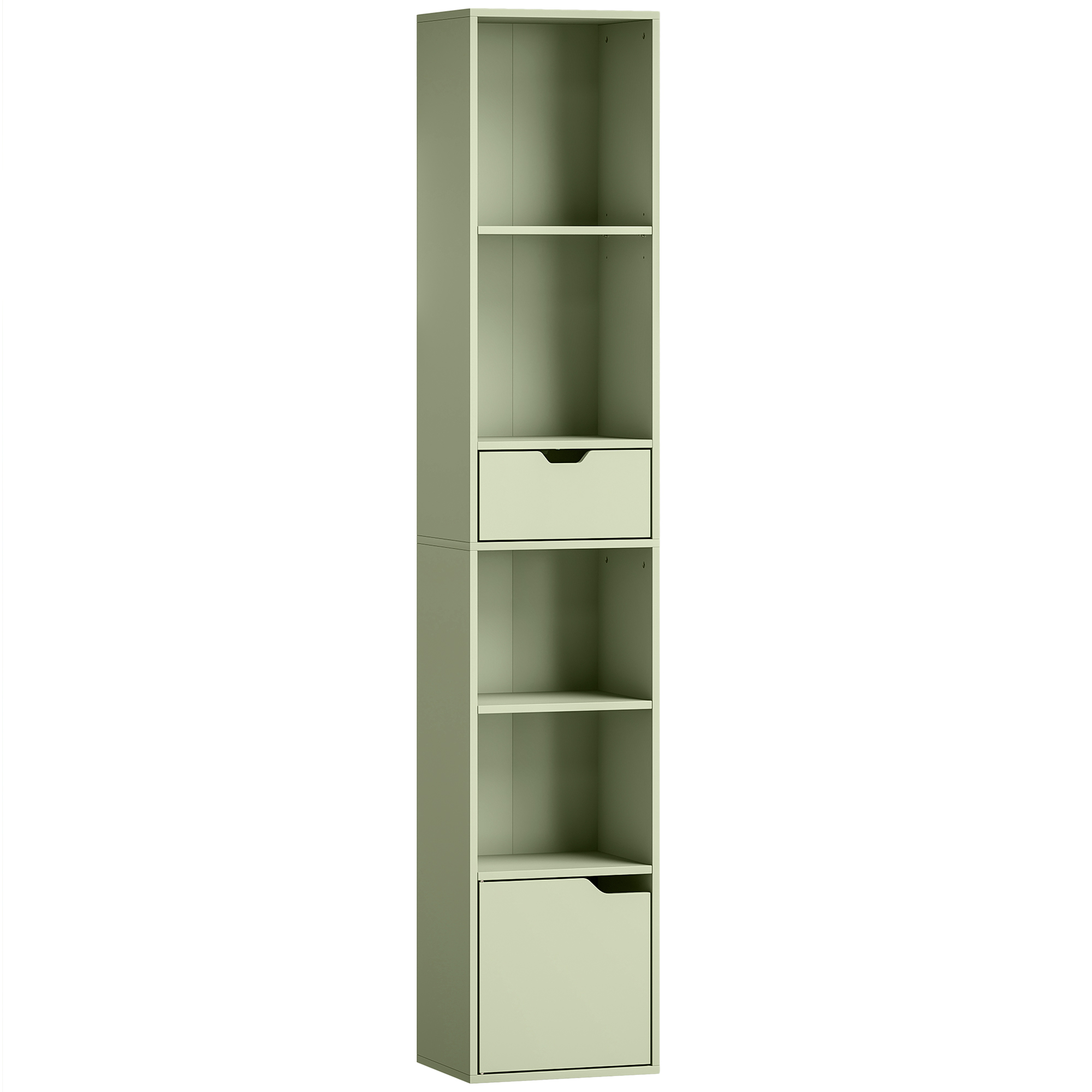 DRAXMERE 6 Tier Tall Narrow Bookcase with Drawer and Cupboard Door - Green - Life Essentials
