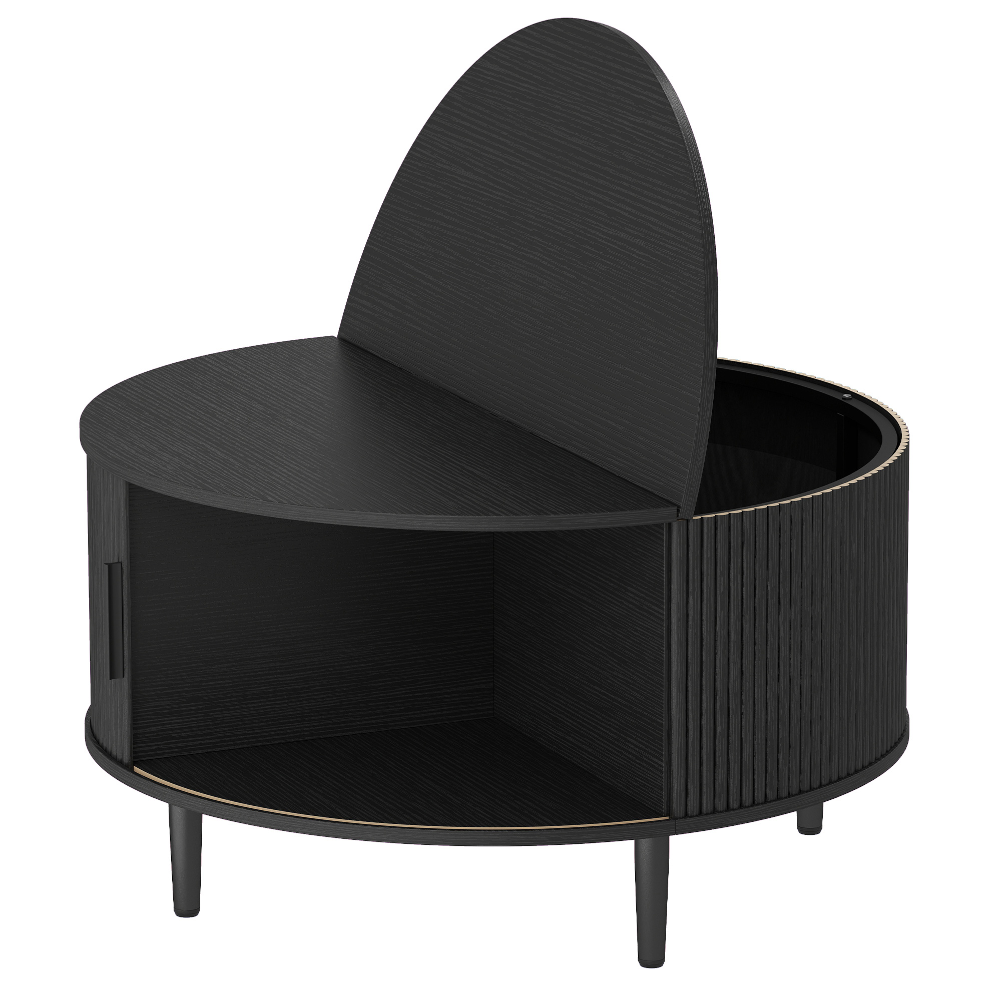 RUISLIP 80 cm Round Lift Top Coffee Table with Hidden Storage and Fluted Sliding Door - Black Wood Effect - Life Essentials