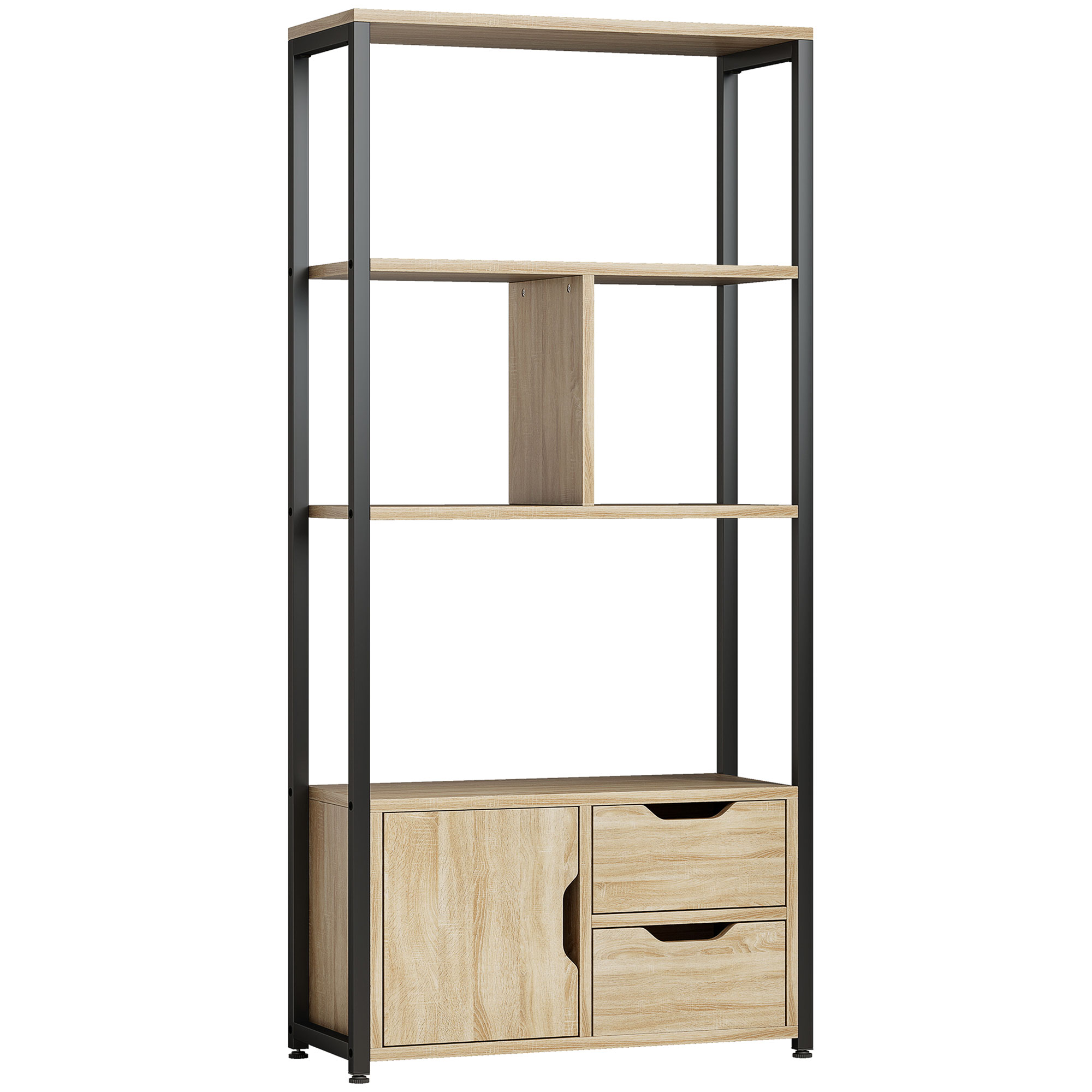 HAVANT 4 Tier Bookcase with Cabinet and 2 Drawers for Living Room or Bedroom - Black and Natural Wood Effect - Life Essentials