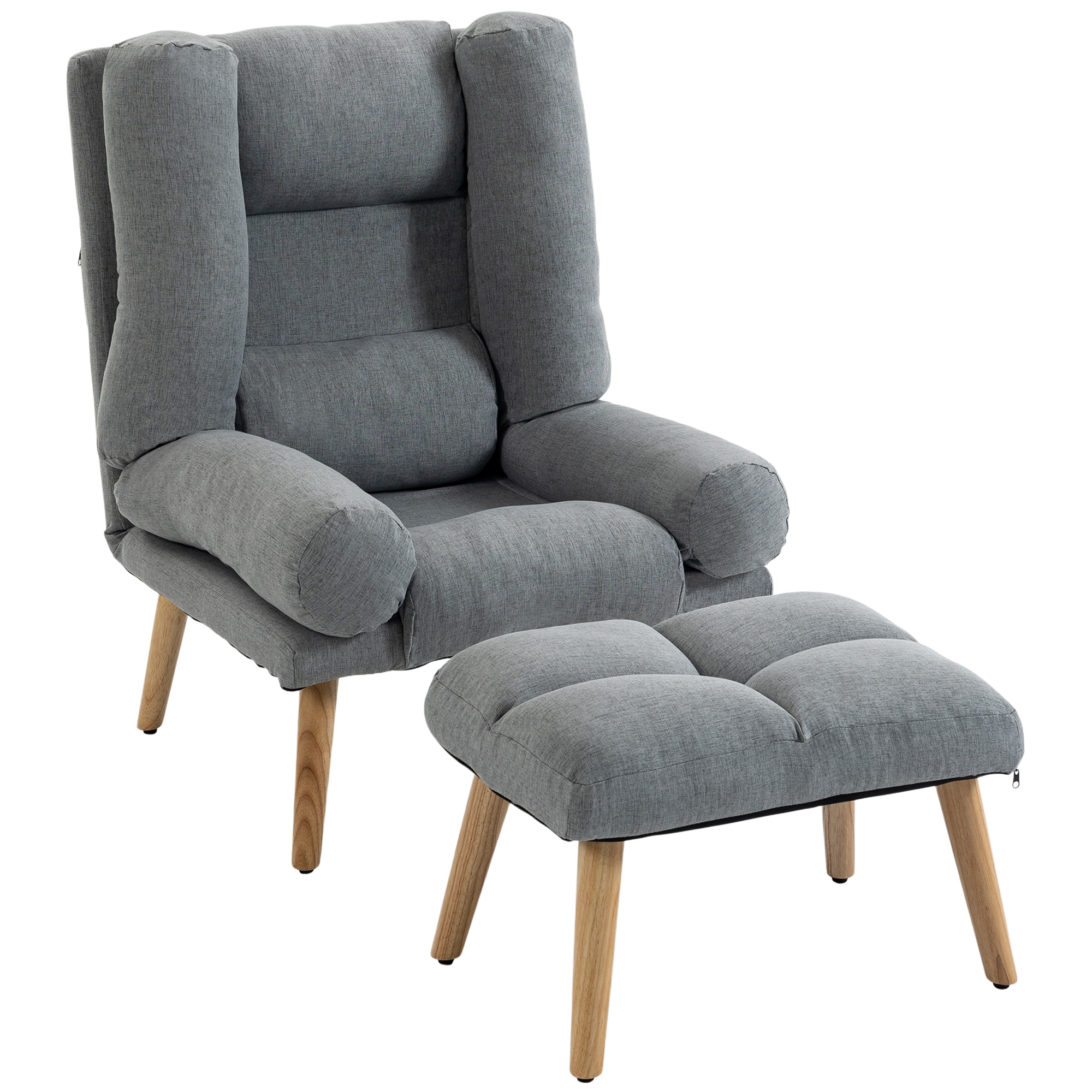 KELVEDON Recliner Armchair and Footstool with Adjustable Backrest, Thick Cushion and Wood Legs - Grey - Life Essentials
