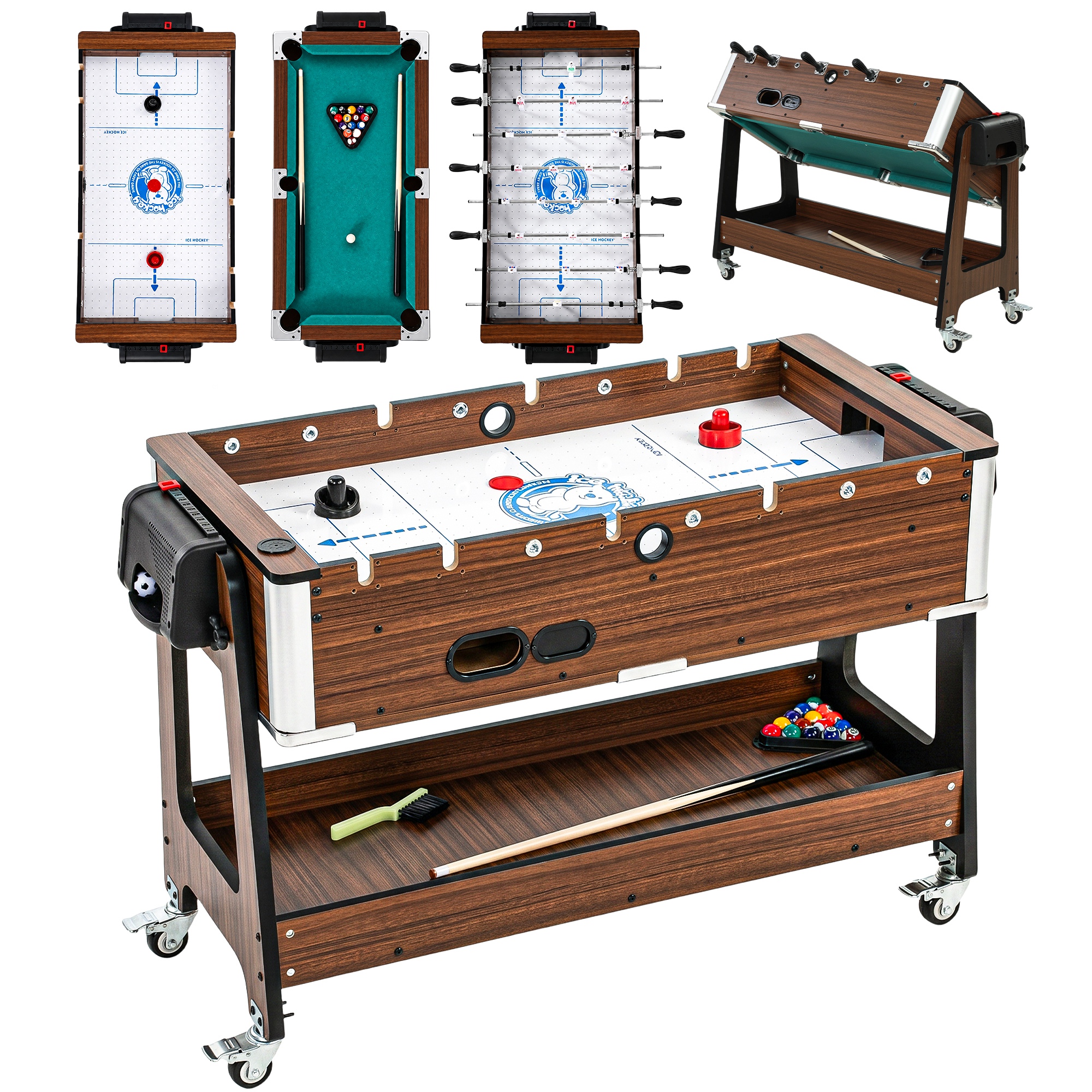 SHOREHAM 3 in 1 Multi Game Table with Air Hockey, Pool, Football, Wheels and Storage Shelf - Walnut Wood Effect and White - Life Essentials