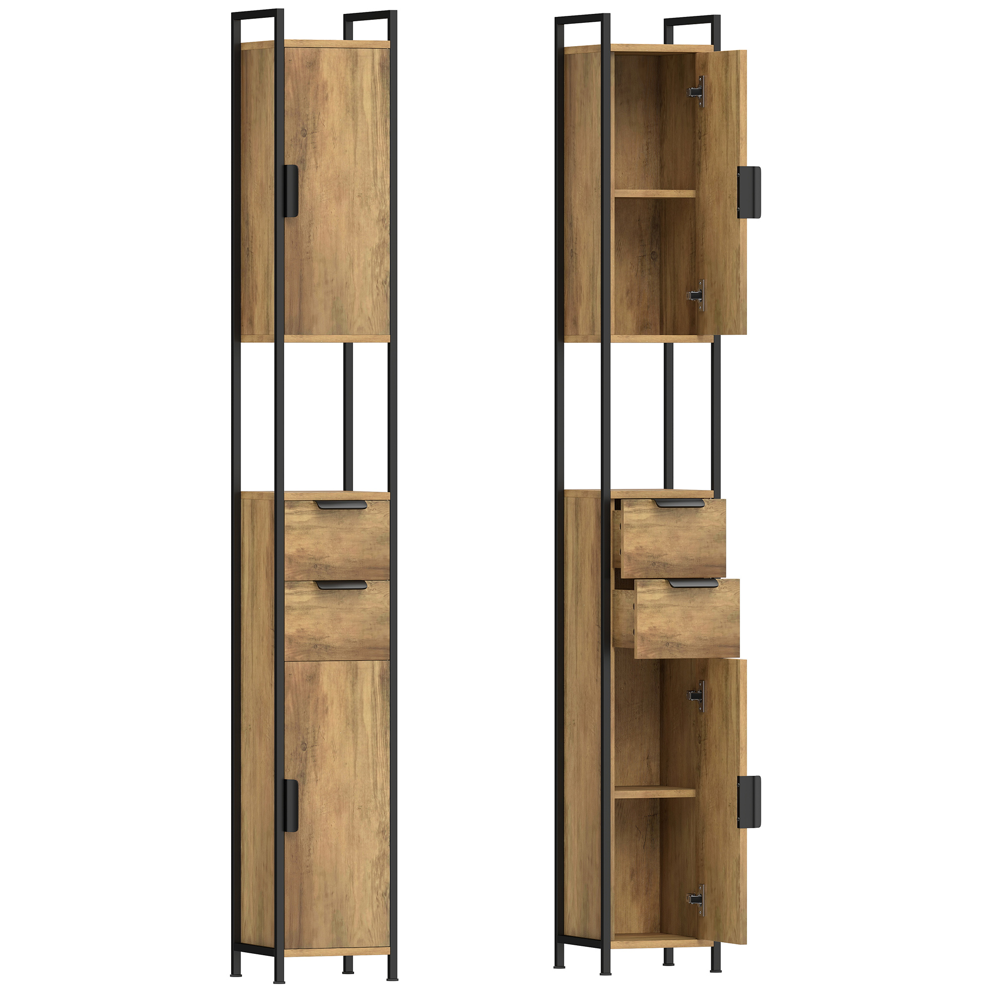 SWANAGE Tall Freestanding Bathroom Storage Cabinet with Drawers and Shelves - Brown and Black - Life Essentials