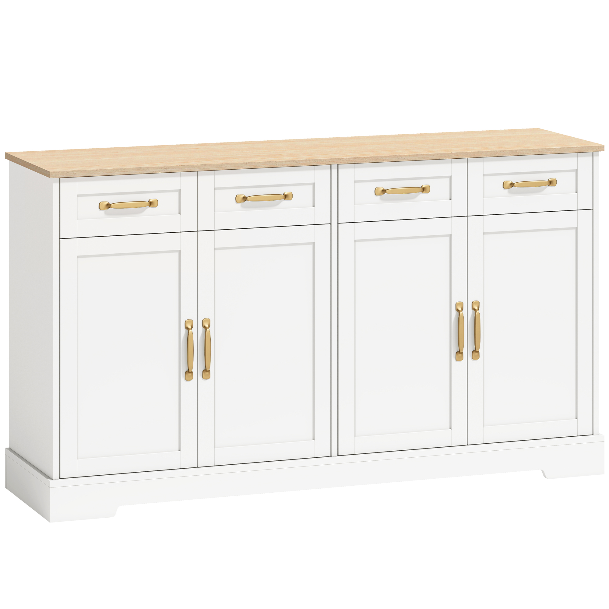 WAREHAM 140 cm Sideboard Cabinet with 4 Drawers, 4 Doors and 2 Adjustable Shelves - White and Oak - Life Essentials