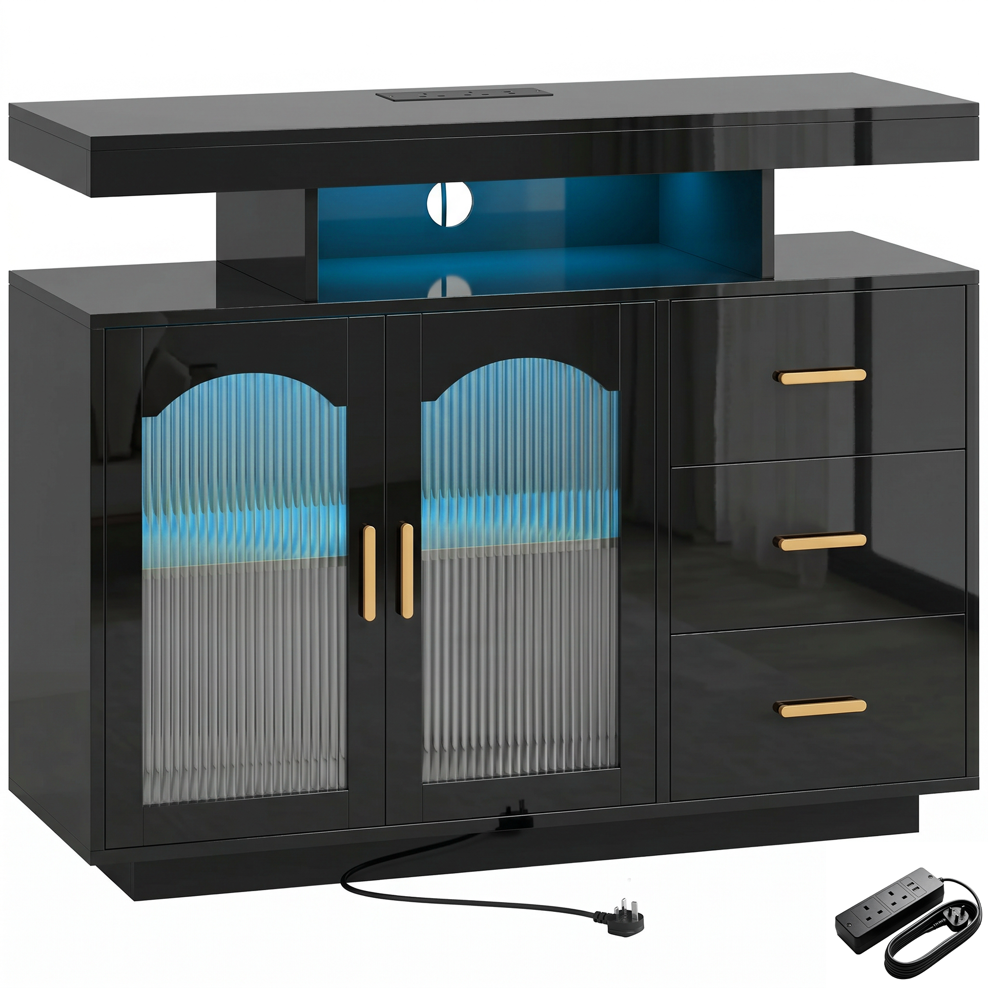 FINEDON High Gloss Sideboard with LED Lights, Power Outlets, 3 Drawers and 2 Acrylic Doors - Black - Life Essentials