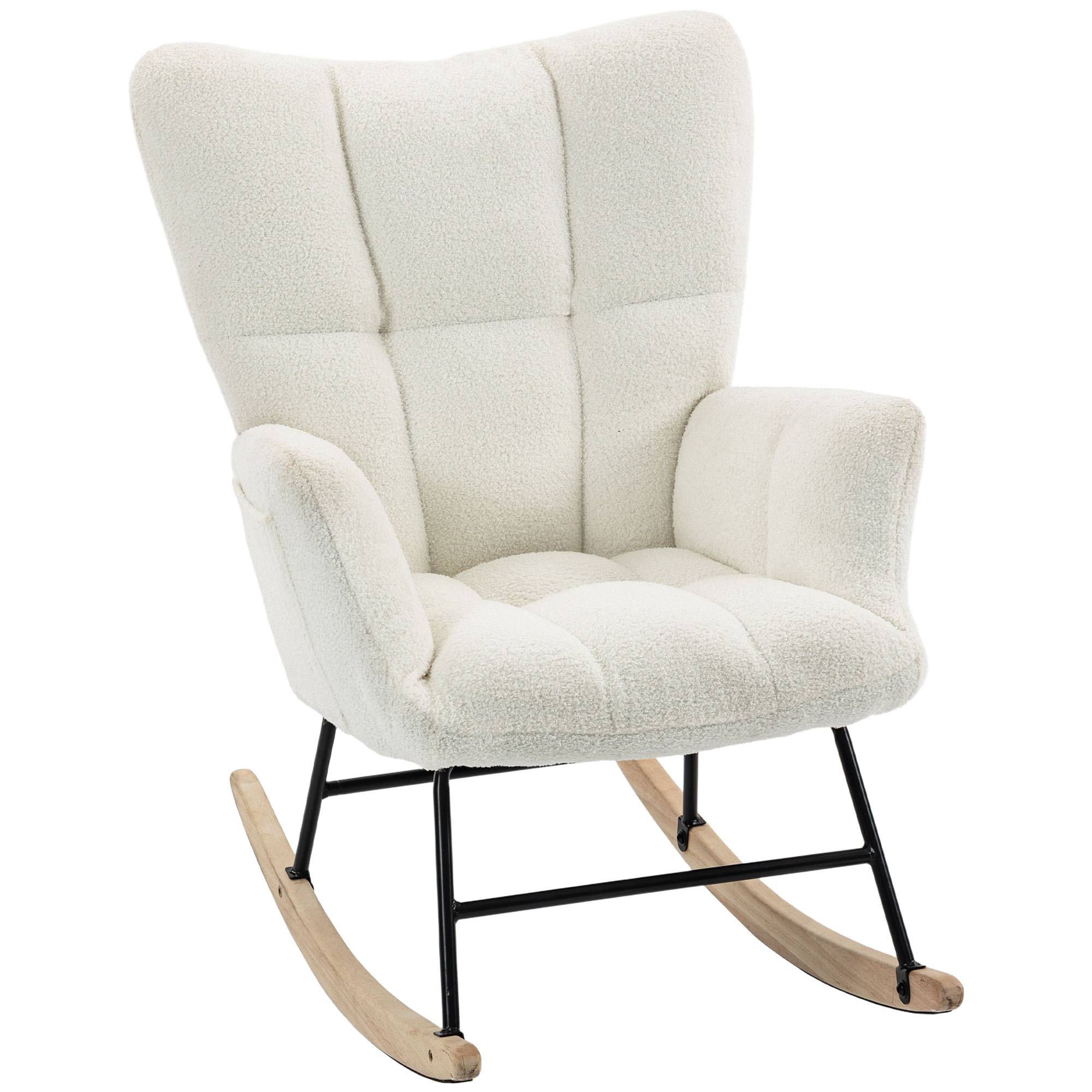 WILMSLOW Teddy Fleece Rocking Chair with Tufted Back, Side Pockets and Rubber Wood Legs - Cream White - Life Essentials