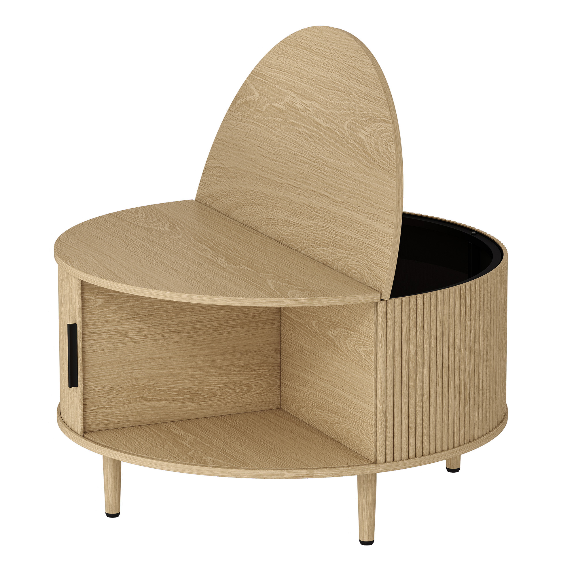 RUISLIP 80 cm Round Lift Top Coffee Table with Hidden Storage and Fluted Sliding Door - Natural Wood - Life Essentials