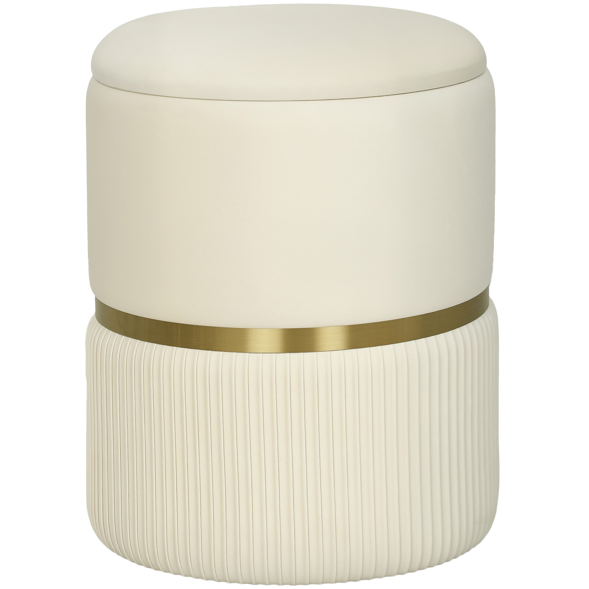 JUVIX Round Velvet Storage Stool with Removable Top, Padded Seat and Hidden Storage - Beige and Natural Wood - Life Essentials