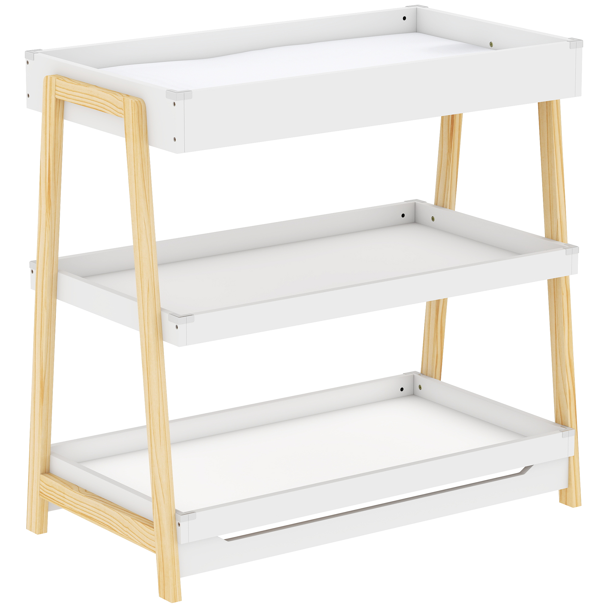 LEWES Baby Changing Table with Waterproof Mat and 2 Storage Shelves - White and Natural Wood - Life Essentials