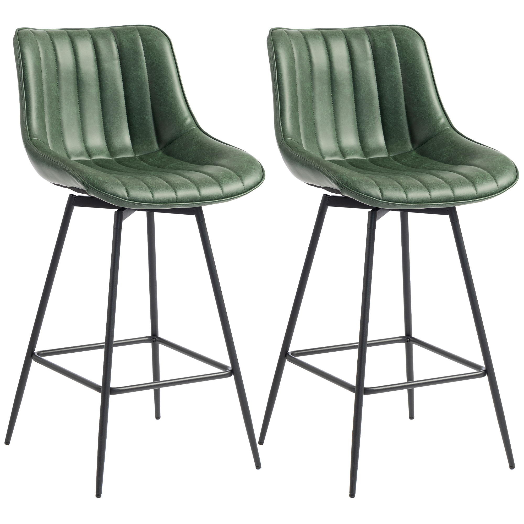 BRADNOR Set of 2 PU Leather Adjustable Swivel Bar Stools - Dark Green - Life Essentials