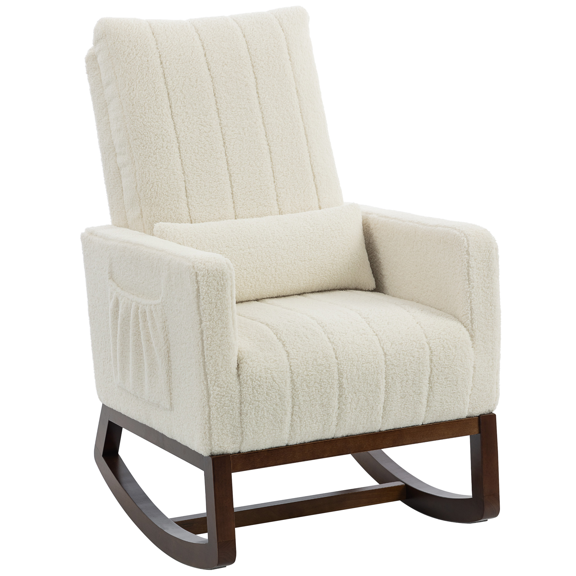 BUCKINGHAM Adult Rocking Chair with High Back, Lumbar Pillow, Wood Base and Side Pockets - Cream White and Walnut - Life Essentials