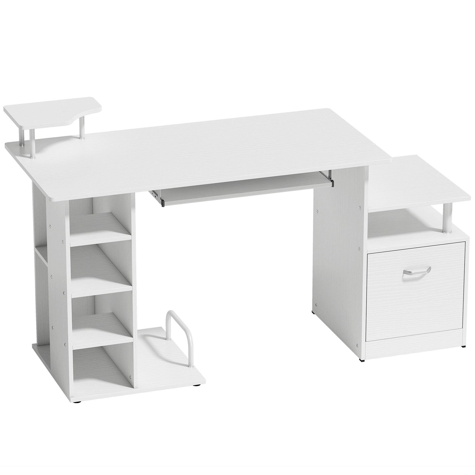 BEECHCROFT Computer Desk with Drawer, Shelves and CPU Storage Rack - White Wood Effect - Life Essentials