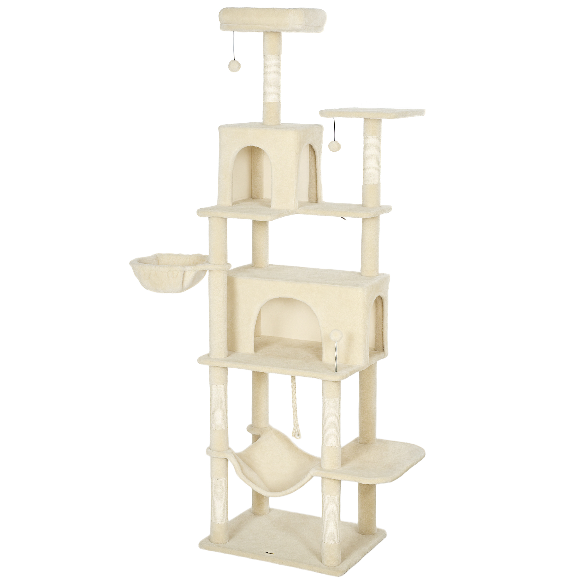 WEXOR 202 cm Cat Tree with 6 Scratching Posts, 2 Hammocks, 2 Condos and 2 Perches - Beige and Cream White - Life Essentials
