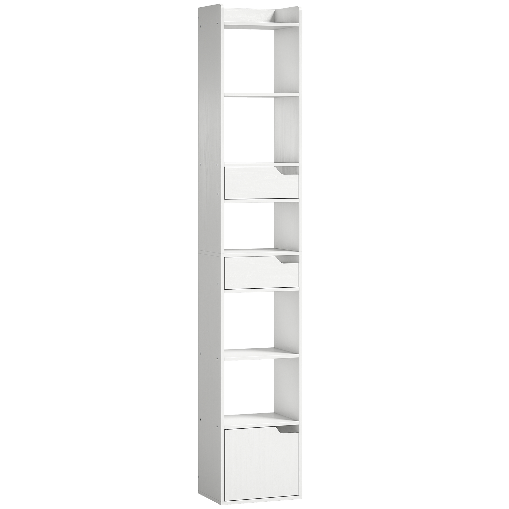 CALDECOTE 5 Tier Tall Narrow Bookcase with Drawers and Freestanding Storage - White Wood Effect - Life Essentials