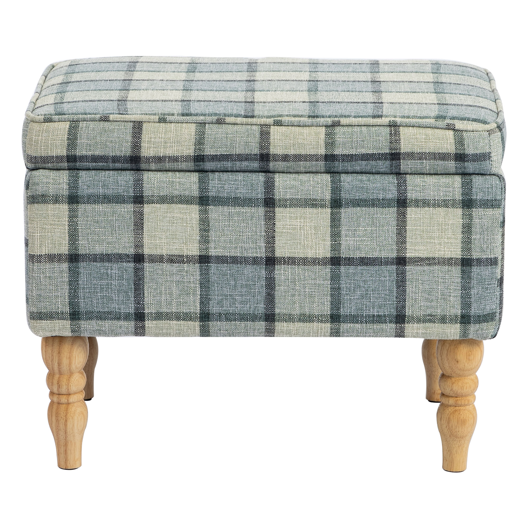 SHIPSTON Rectangular Linen Storage Footstool with Removable Top, Padded Seat and Hidden Storage - Grey Plaid and Natural Wood - Life Essentials