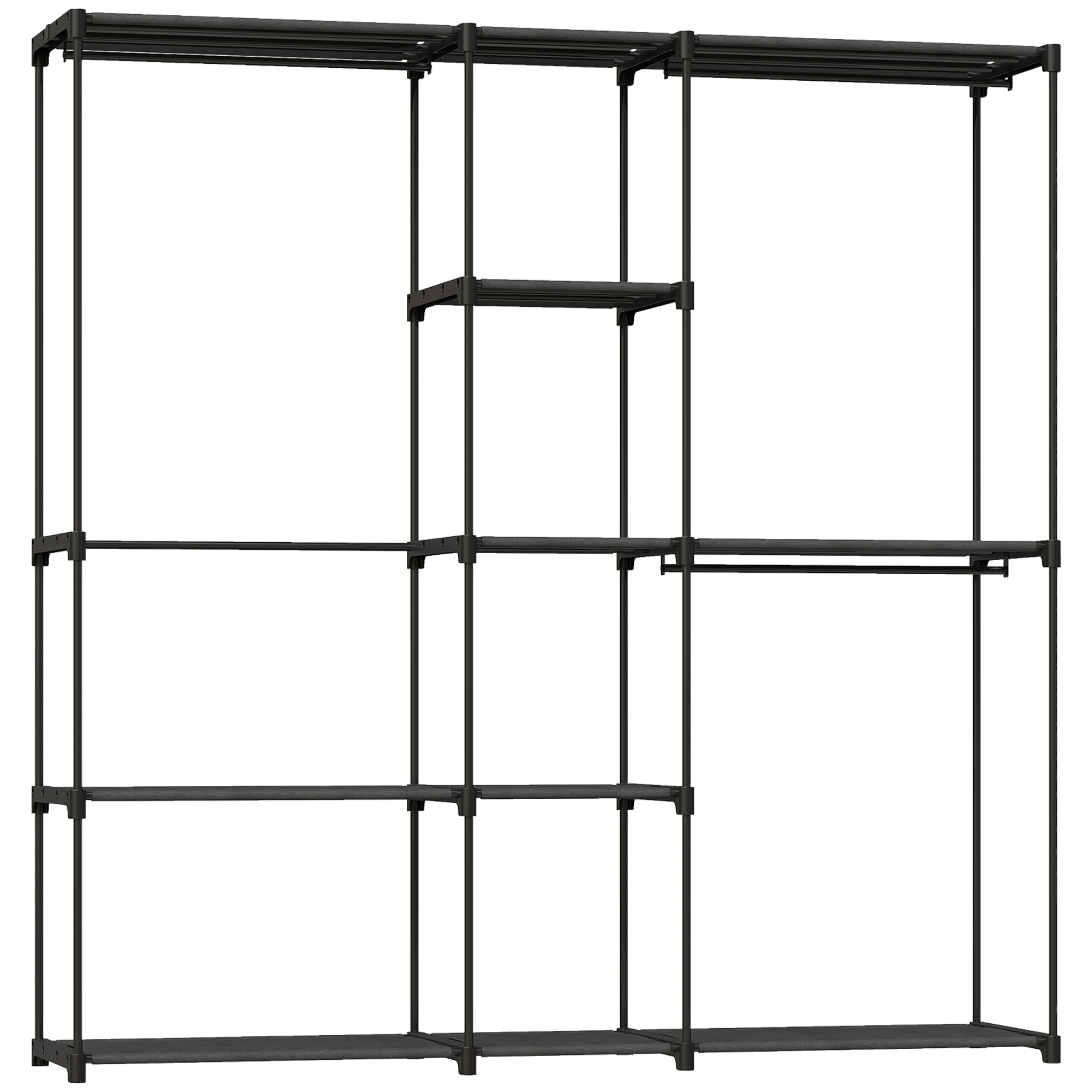 BERKELEY Open Portable Wardrobe with 8 Shelves and 3 Hanging Rails - Black - Life Essentials