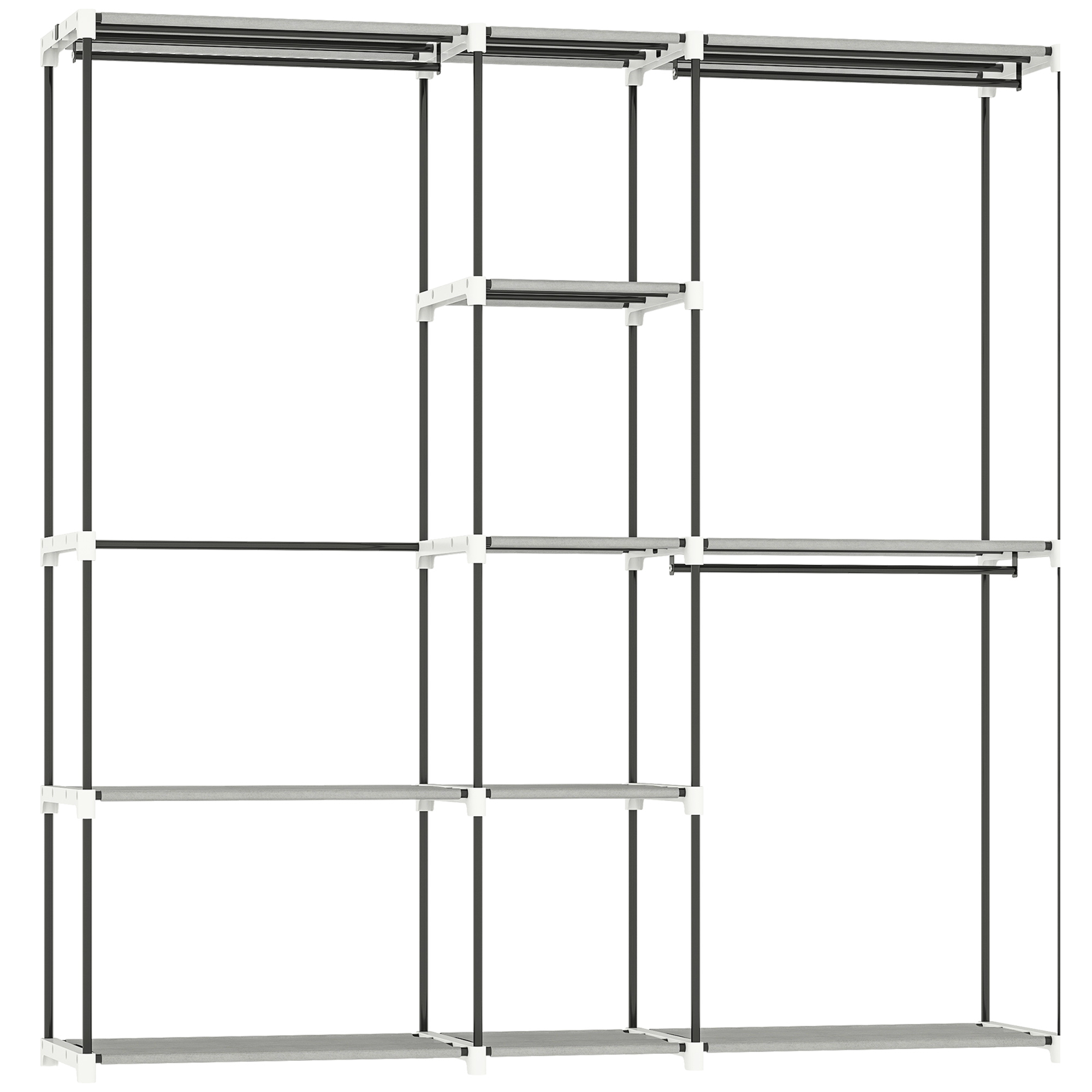 BERKELEY Open Portable Wardrobe with 8 Shelves and 3 Hanging Rails - Light Grey and Black - Life Essentials