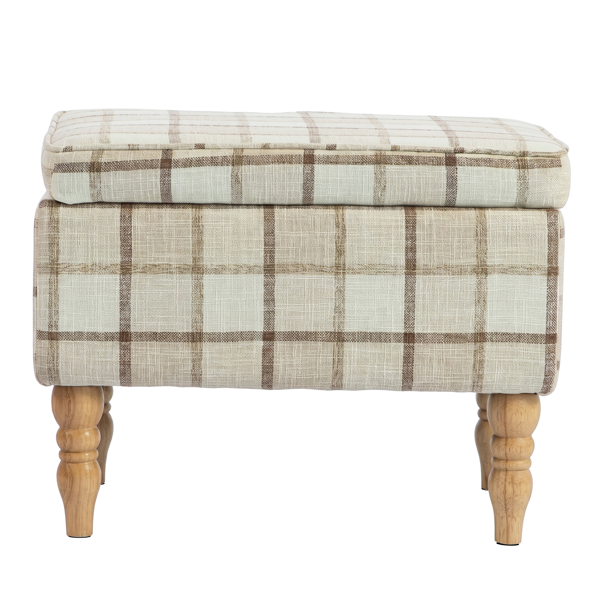 SHIPSTON Rectangular Linen Storage Footstool with Removable Top, Padded Seat and Hidden Storage - Brown Plaid and Natural Wood - Life Essentials