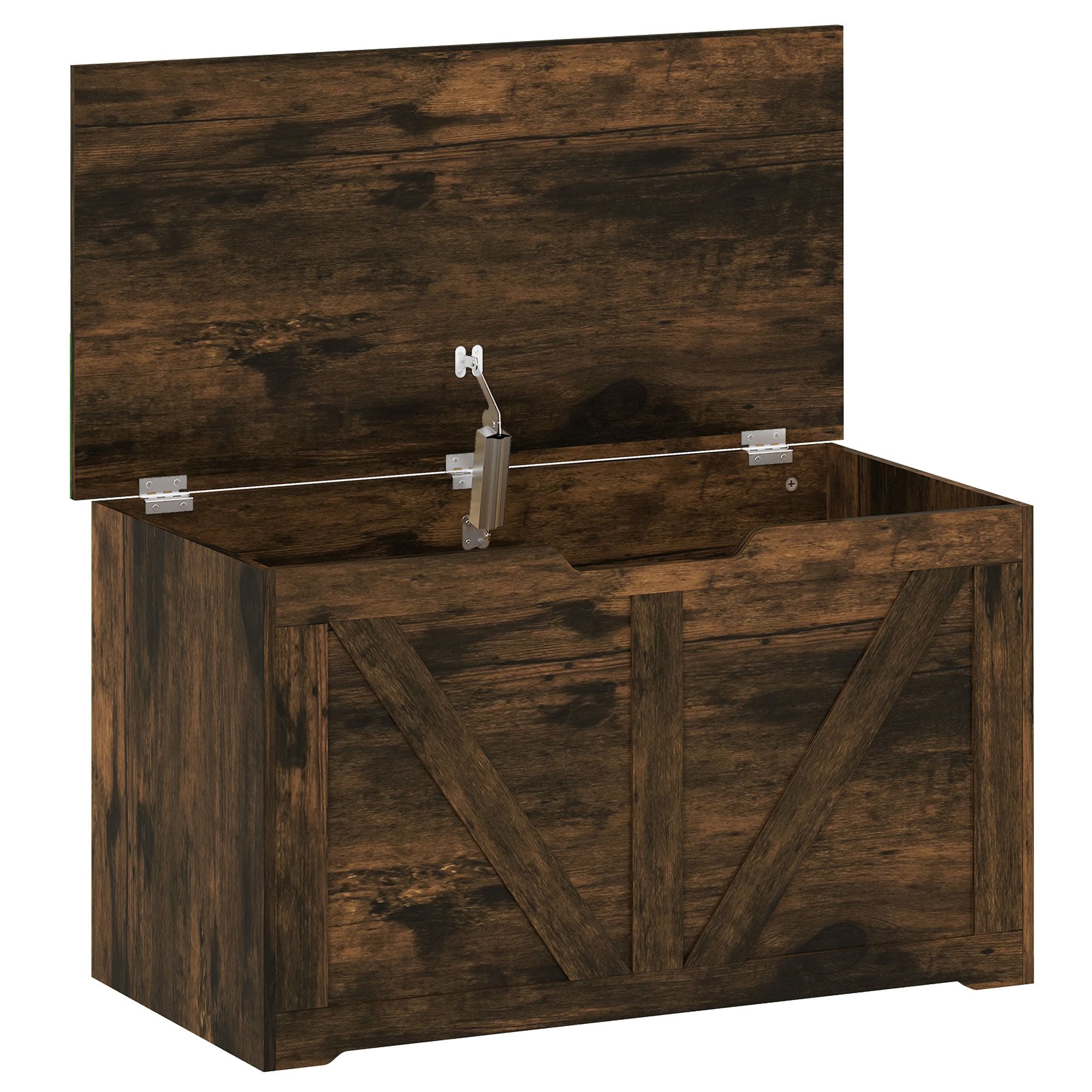 JUVRIA 100L Particleboard Home Storage Box with Safety Hinge and Wood Effect - Rustic Brown - Life Essentials