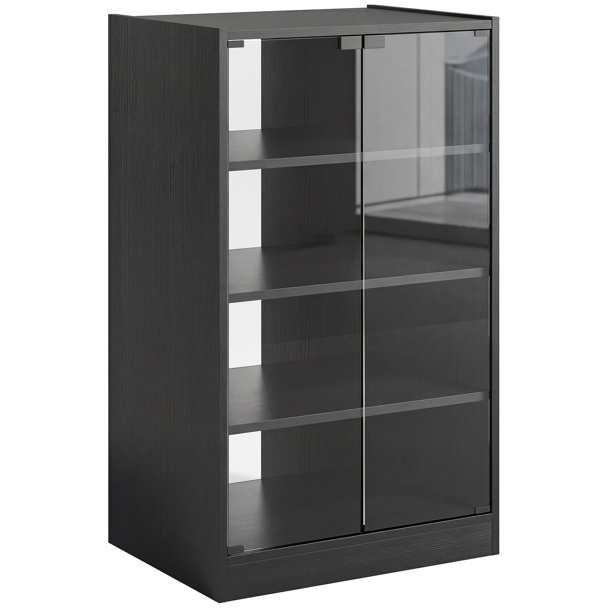 KEDINGTON 4 Tier Hi Fi and Record Player Stand with Adjustable Shelves and Glass Doors - Black Wood Effect - Life Essentials