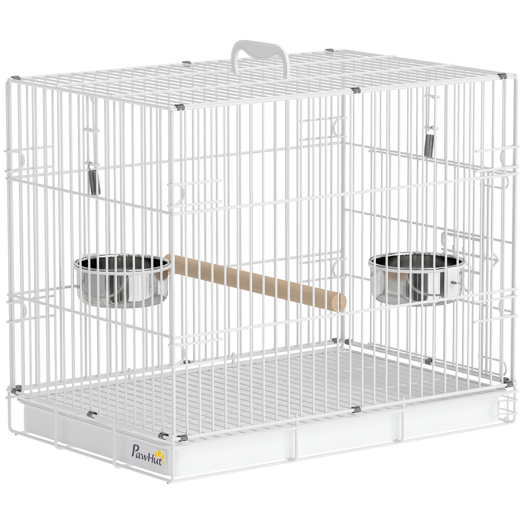 HOLTBY Foldable Portable Budgie Bird Cage with Wood Perch and 2 Bowls, 49 x 31 x 40 cm - White - Life Essentials