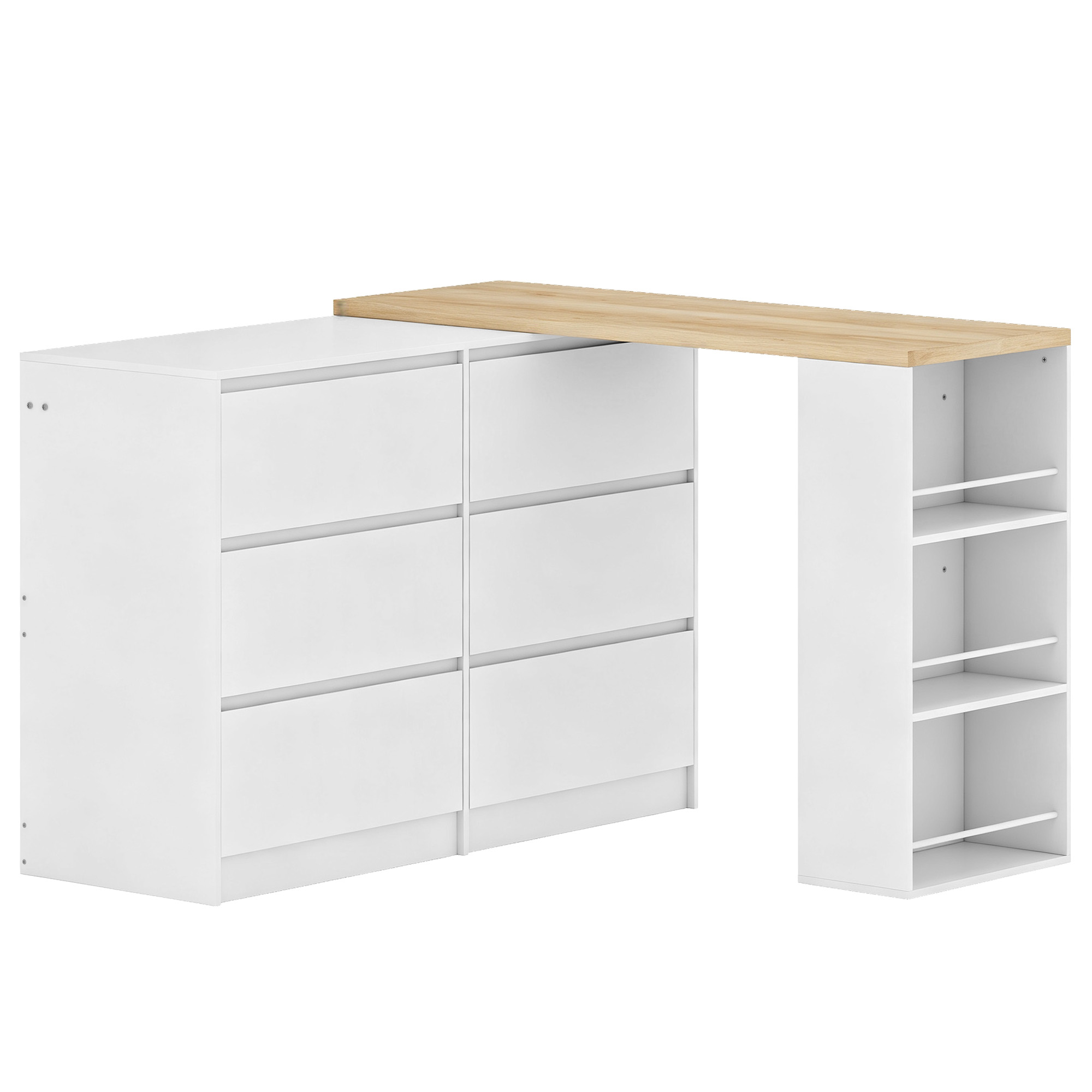ALDERTON Dressing and Vanity Table with 6 Drawers and 3 Tier Storage Shelf - White and Natural Wood Finish - Life Essentials