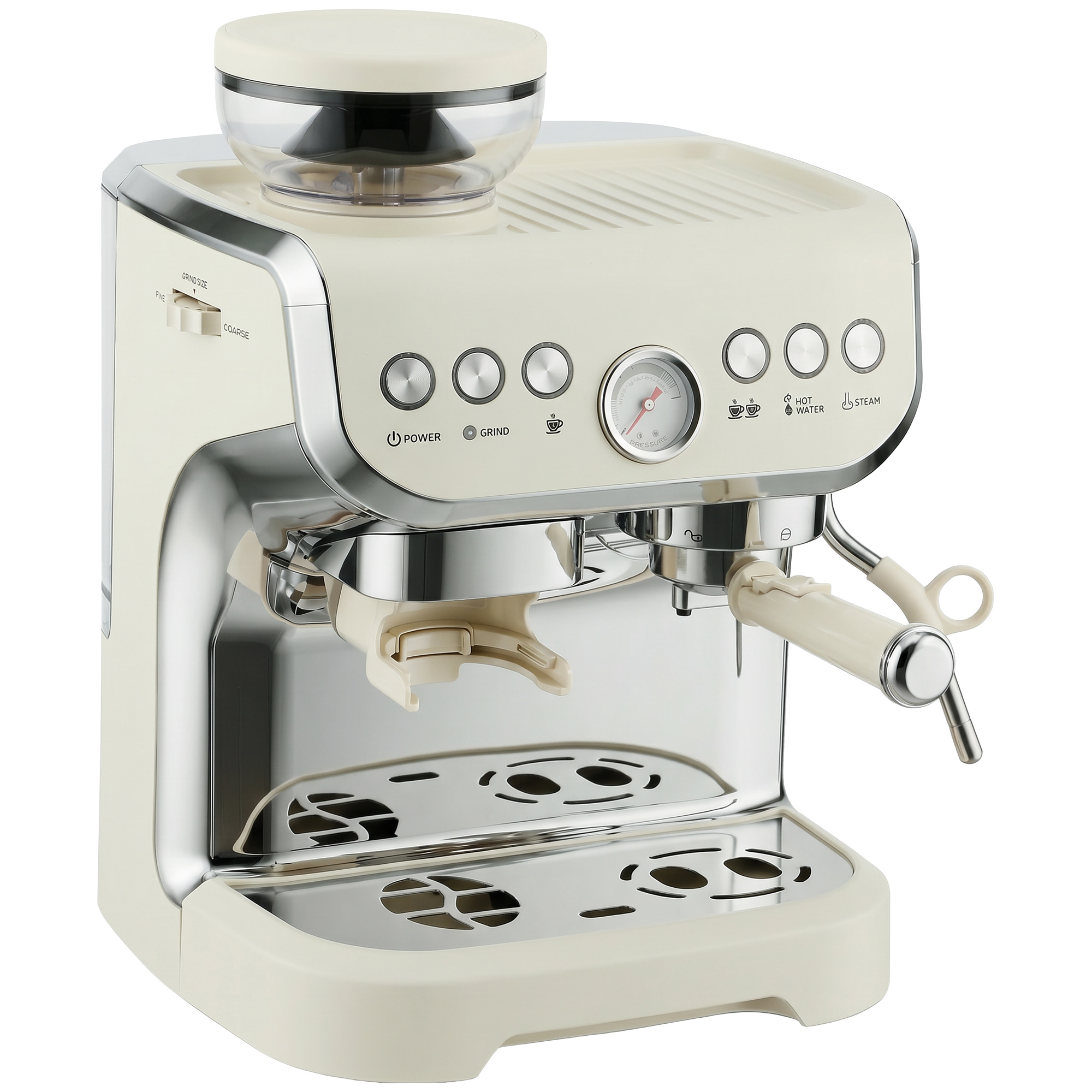MELLS 15 Bar Coffee Machine with Adjustable Grinder, Milk Steamer and Accessories - Cream White - Life Essentials