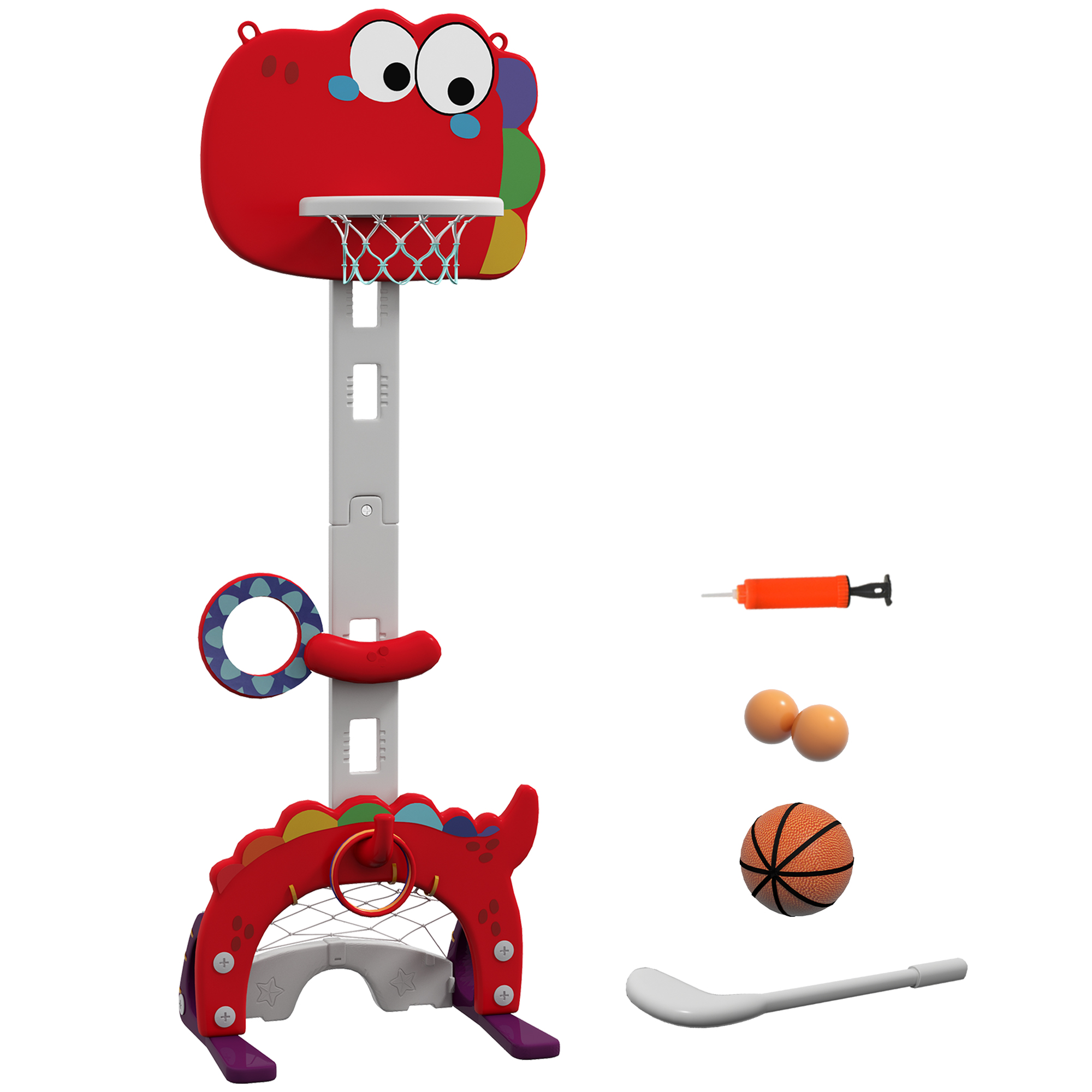 LETCHWORTH 5 in 1 Dinosaur Basketball and Golf Game Set with Adjustable Stand for Kids - Red - Life Essentials