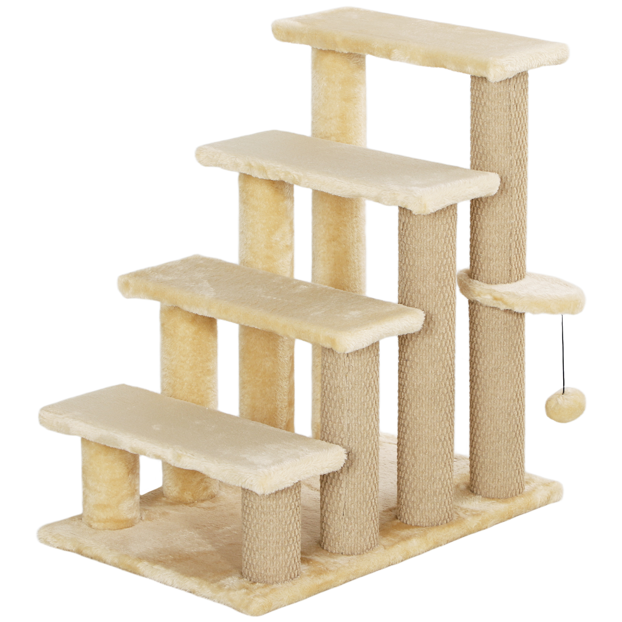 FLITWICK 4 Step Pet Stairs with Scratching Posts, Platforms and Toy Ball - Beige - Life Essentials