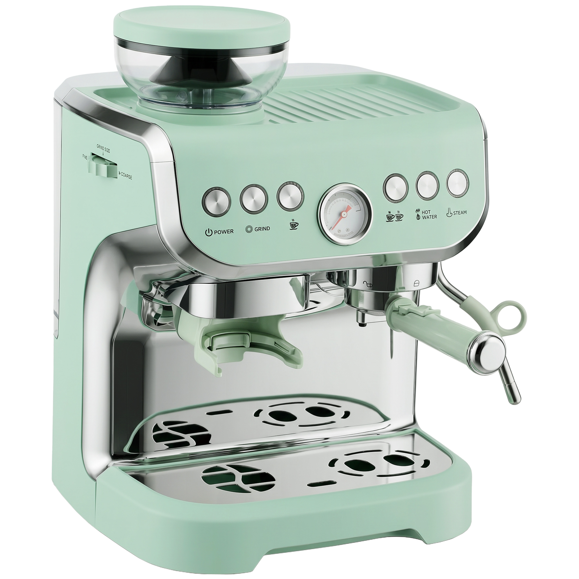 MELLS 15 Bar Coffee Machine with Adjustable Grinder, Milk Steamer and Accessories - Light Green - Life Essentials