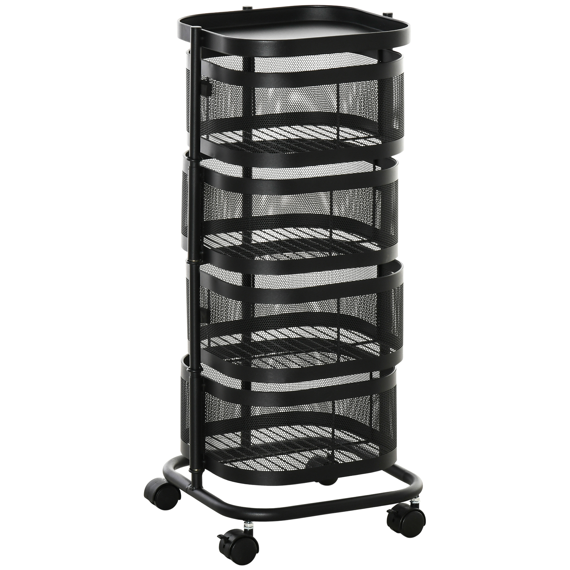 SOLIHULL 4 Tier Metal Storage Trolley with Wheels, Mesh Baskets and Top Tray - Black - Life Essentials