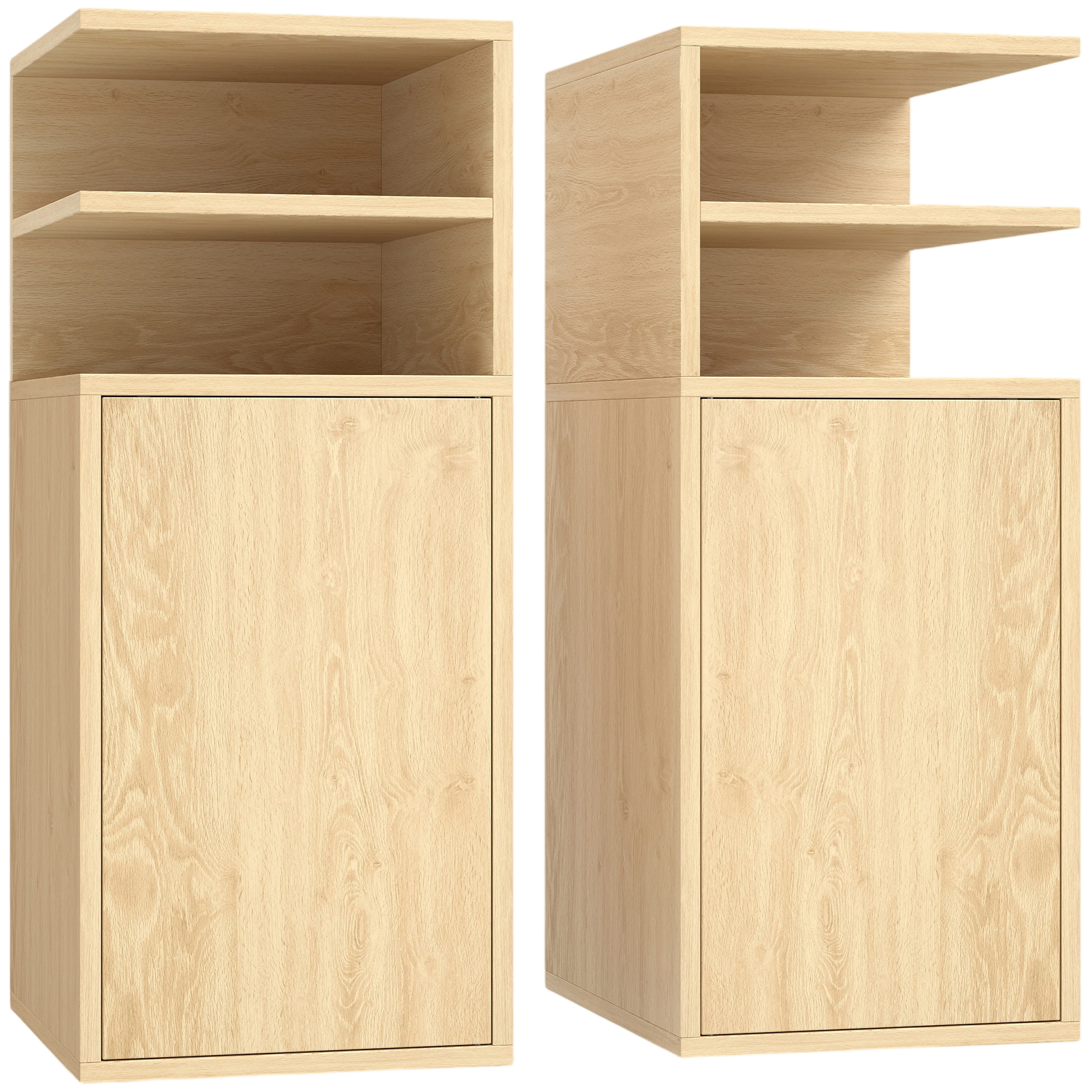 ANDOVER Set of 2 Slim Bedside Tables with Open Cubbies and Cupboards - Oak - Life Essentials