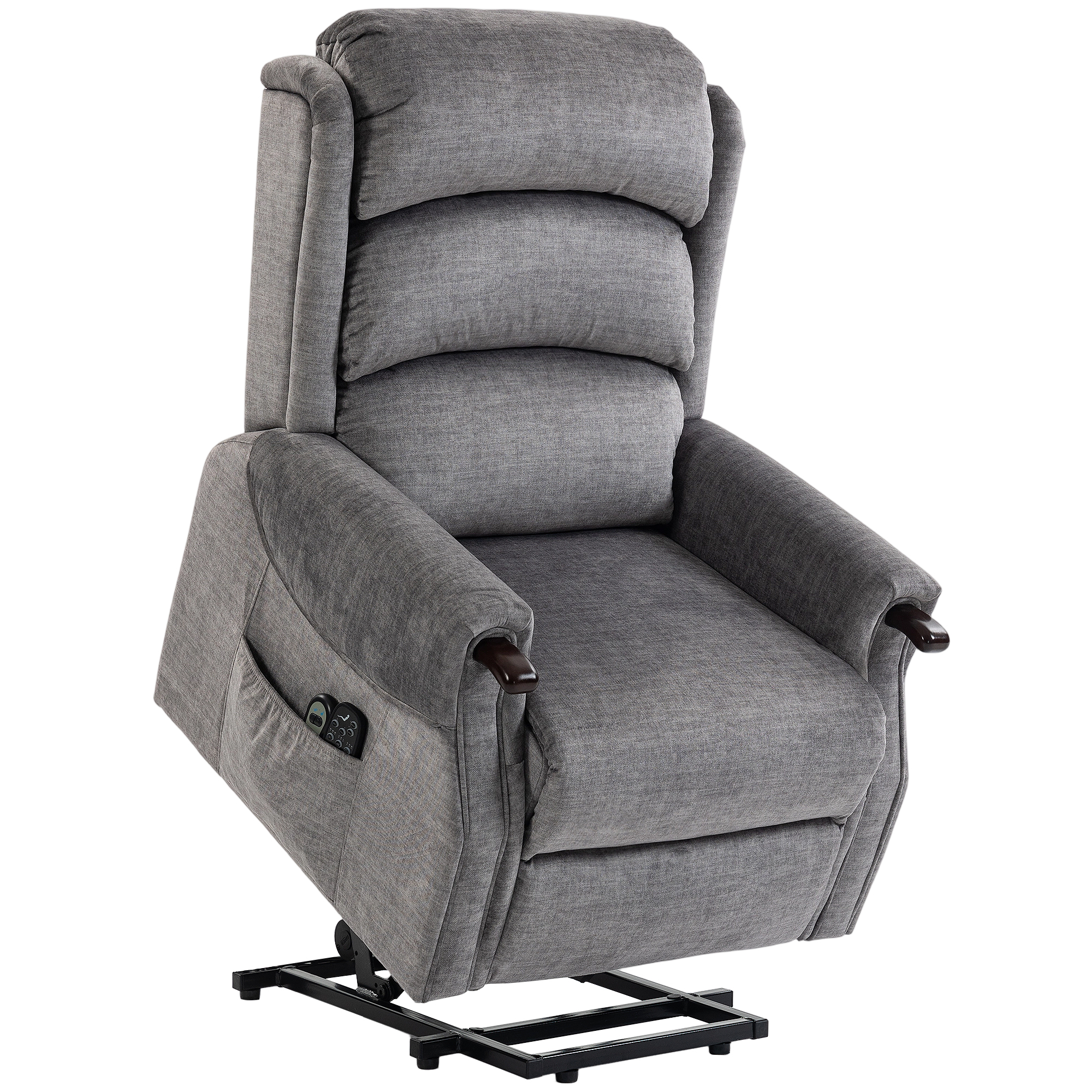 HESWALL Power Lift Recliner Chair with Vibration Massage, Heat, Wood Grips and Pocket Springs - Light Grey and Wood Colour - Life Essentials