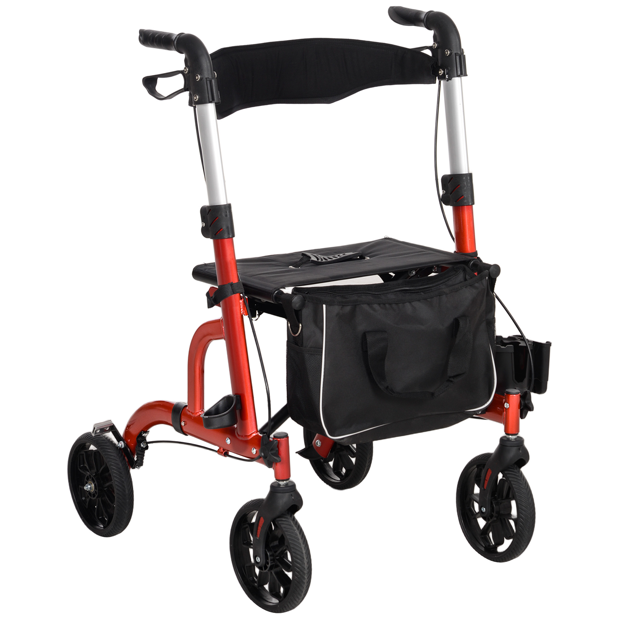 ROTHLEY Lightweight Folding Rollator Walking Frame with Seat and Backrest - Red and Black - Life Essentials
