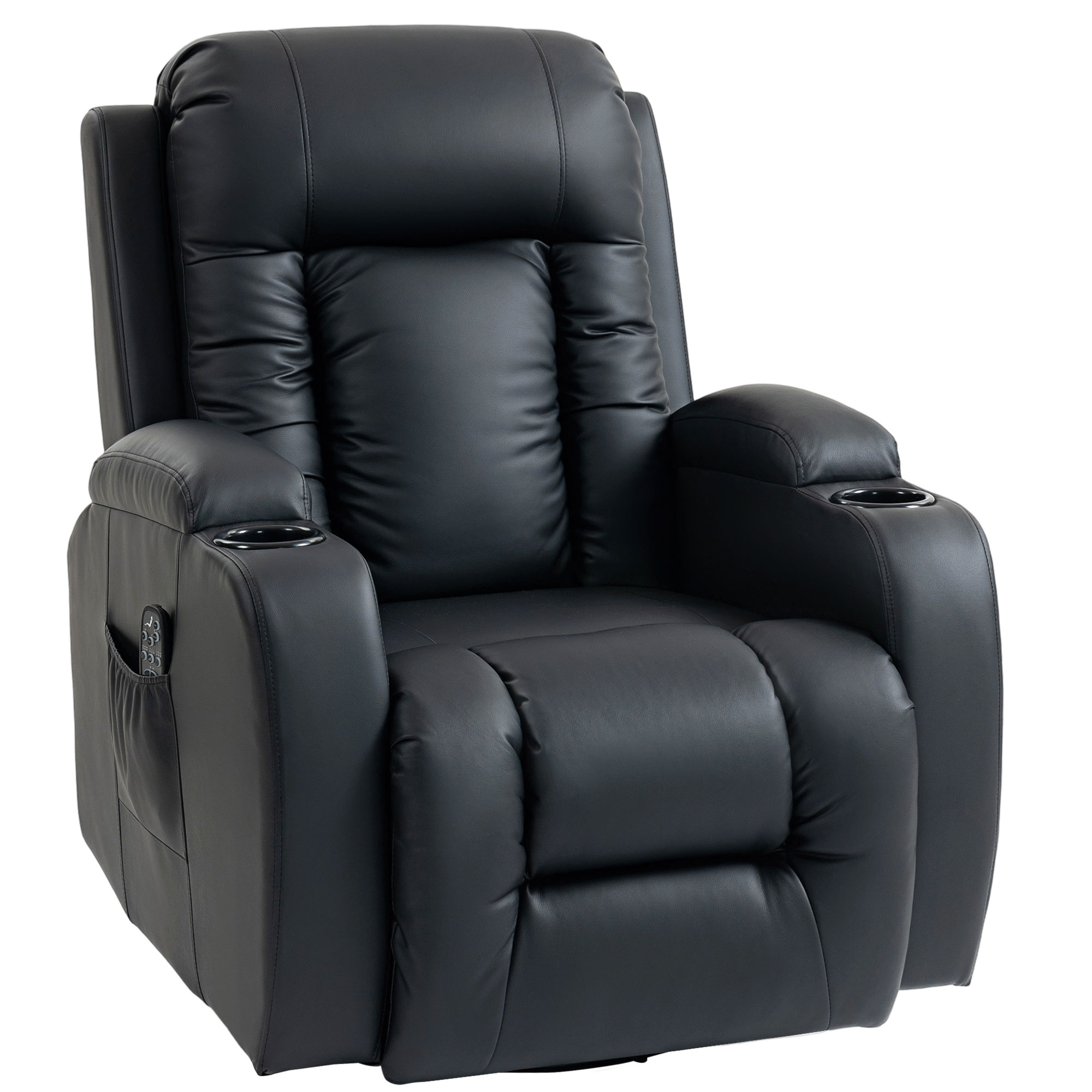 AURENA PU Leather Recliner Armchair with Extended Footrest, Cup Holders and Side Pockets - Black - Life Essentials