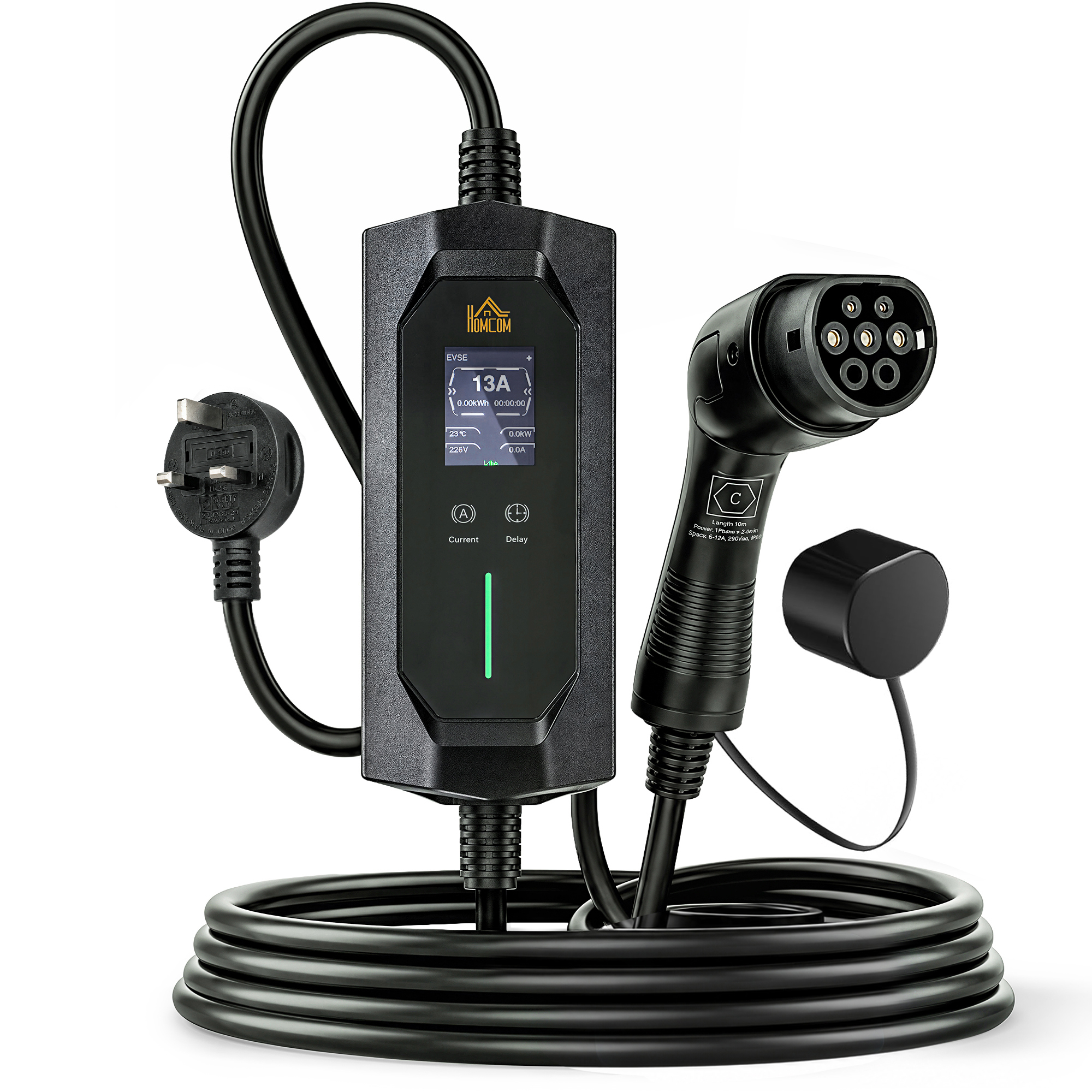 ROMSEY 2.8kW Type 2 EV Charger with 3 Pin Plug, 10 m Cable, 6 to 13A Current and Timer - Black - Life Essentials