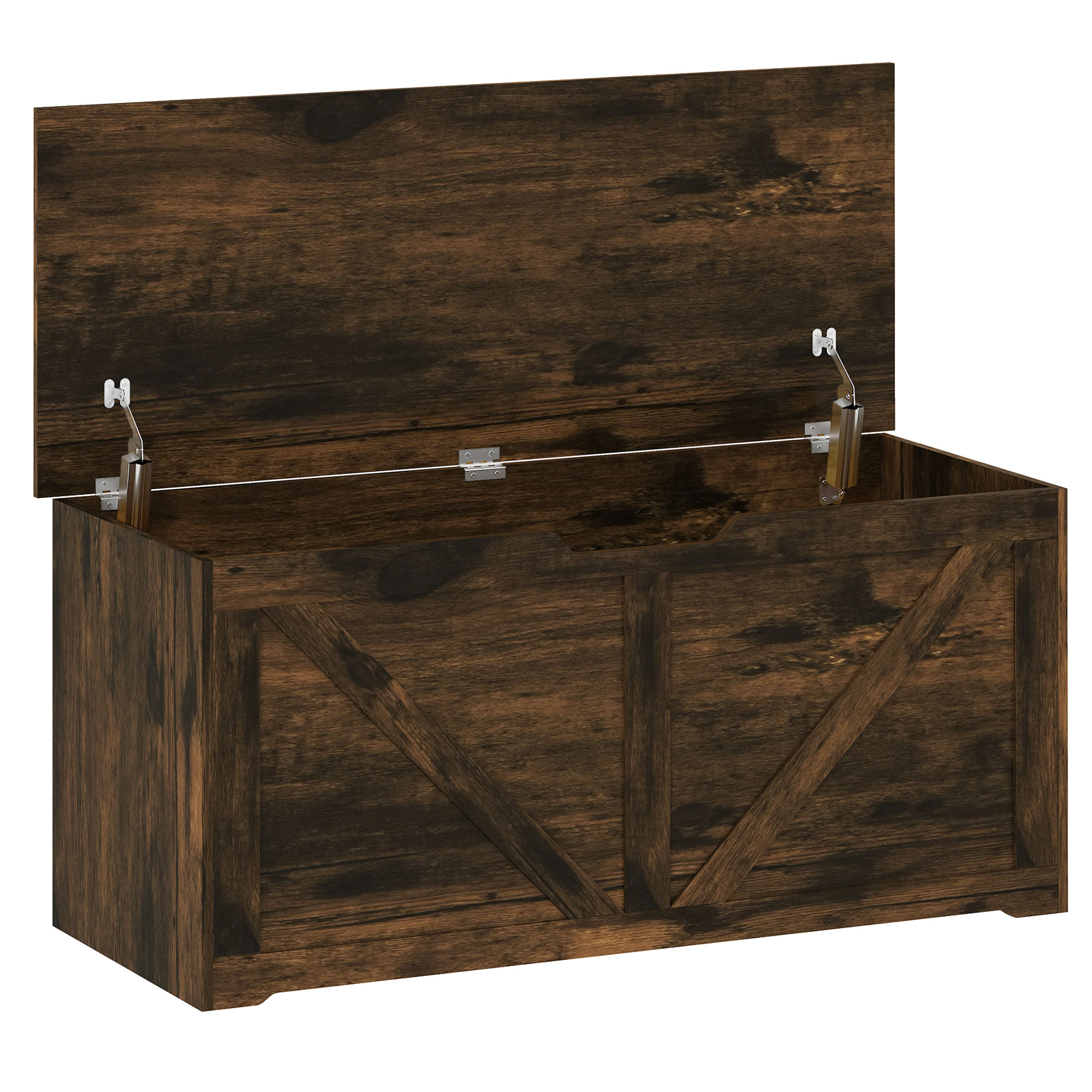 JUVRIA 127L Particleboard Home Storage Box with Safety Hinges and Wood Effect - Rustic Brown - Life Essentials