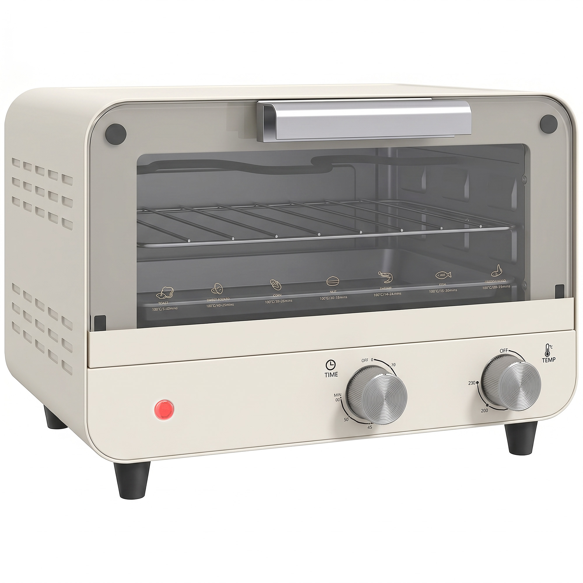 ELVANNE 750W Mini Toaster Oven with Glass Door, Adjustable Temperature and Timer - Cream White and Silver Tone - Life Essentials