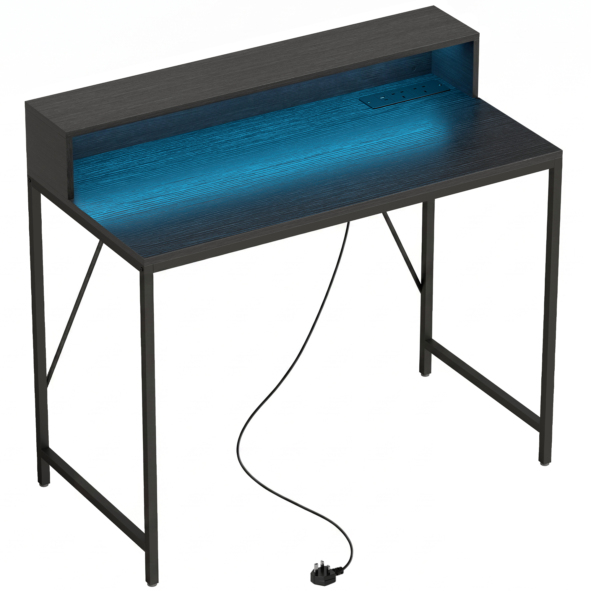 BEMBRIDGE 100 cm Gaming and Computer Desk with LED Lights, Power Outlets and Monitor Stand - Black Wood Effect - Life Essentials