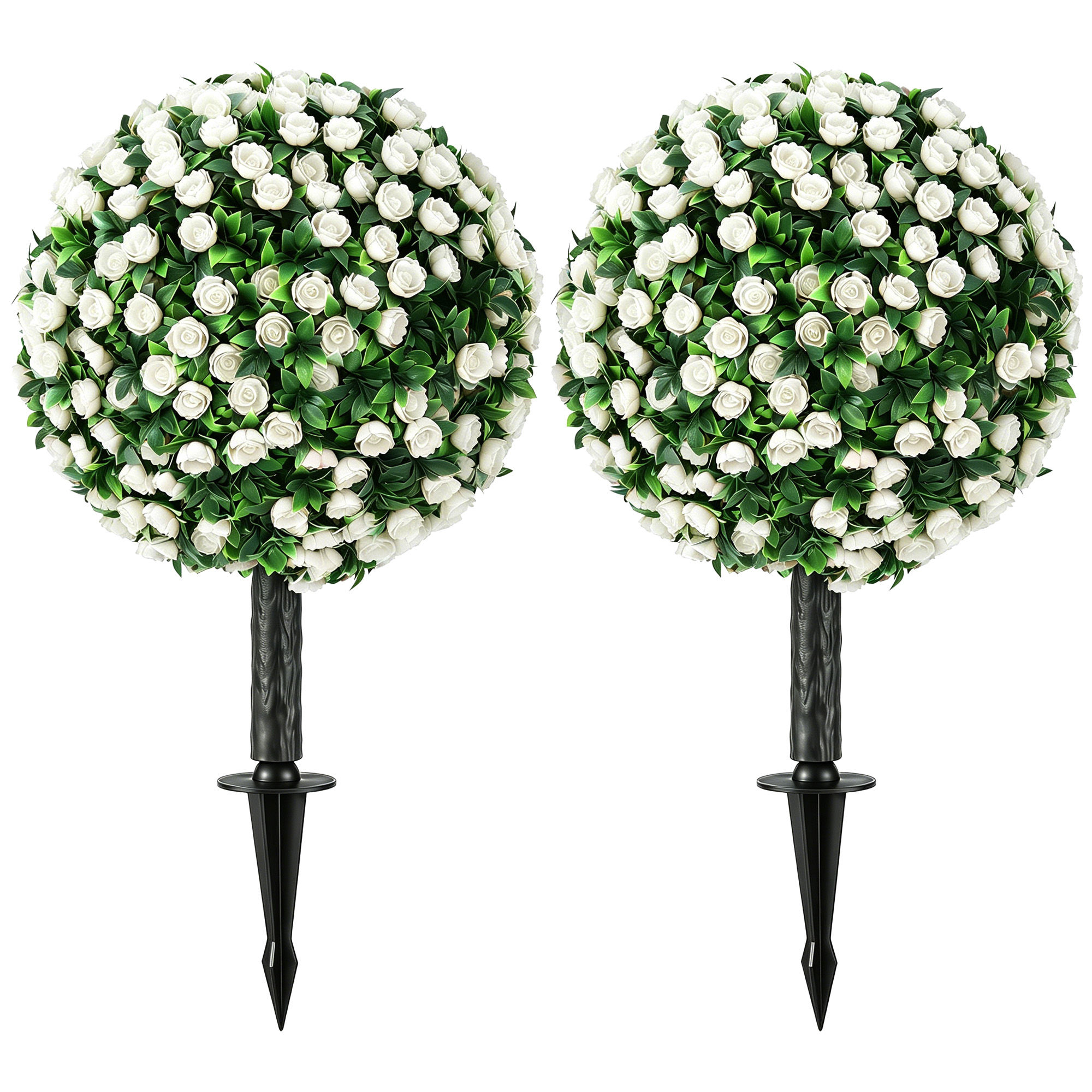 KIMBOLTON Set of 2 UV Resistant Artificial Rose Topiary Plants, 55 cm Tall - White - Life Essentials