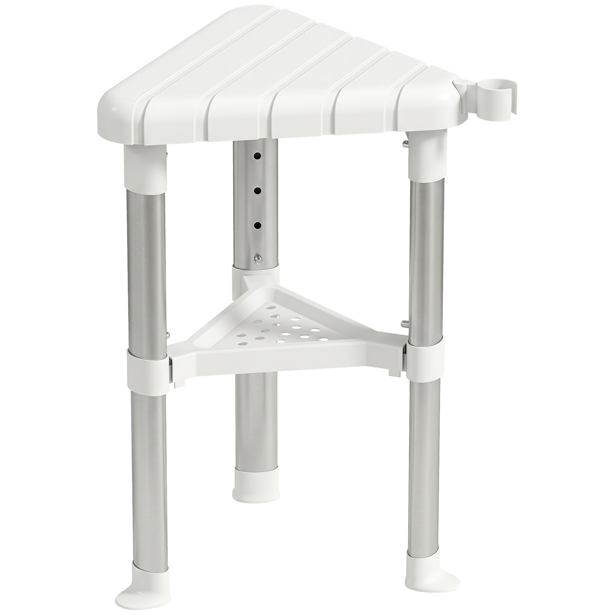 TRING Height Adjustable Aluminium Corner Shower Stool with Storage Shelf - Silver Tone and White - Life Essentials