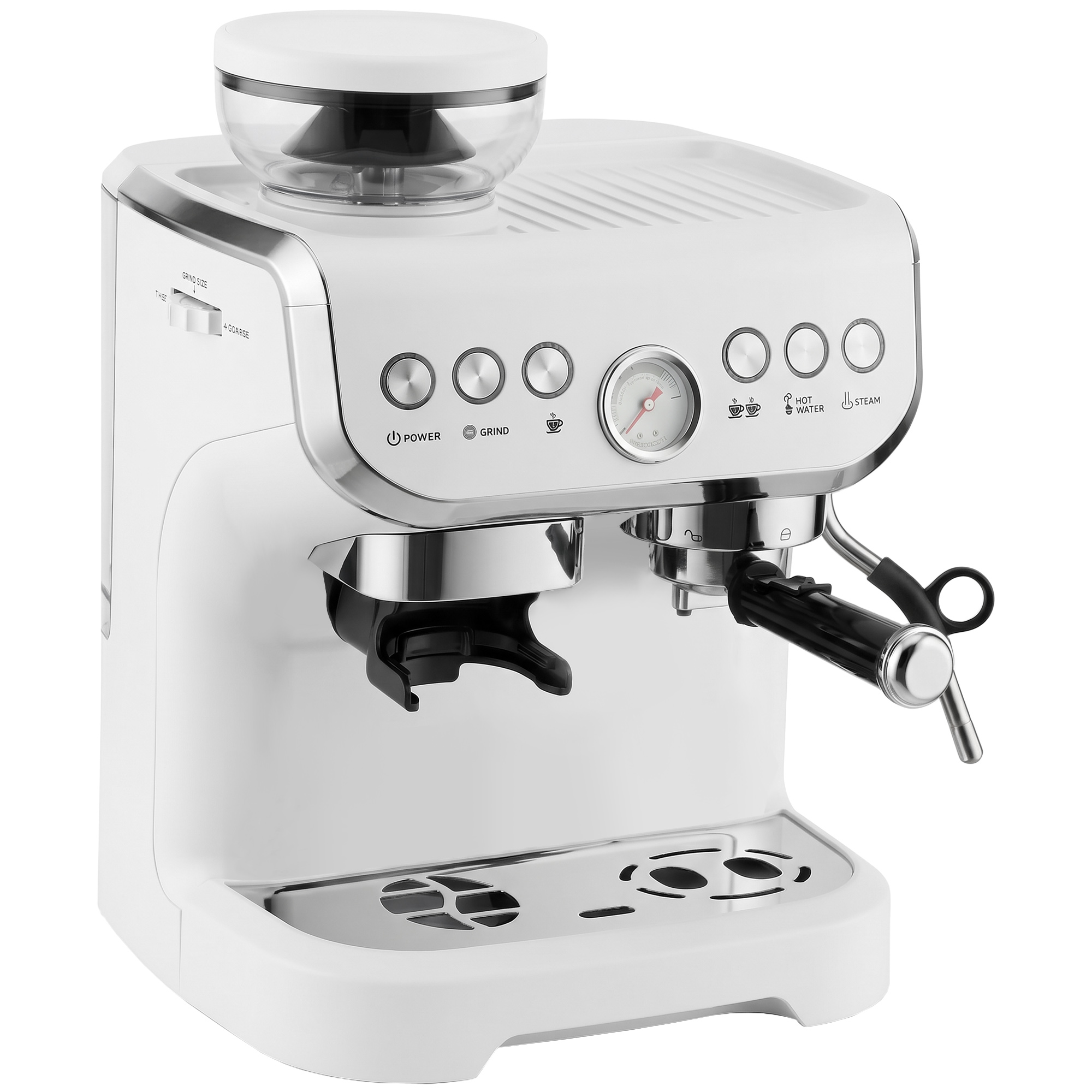 MELLS 15 Bar Coffee Machine with Adjustable Grinder, Milk Steamer and Accessories - White - Life Essentials