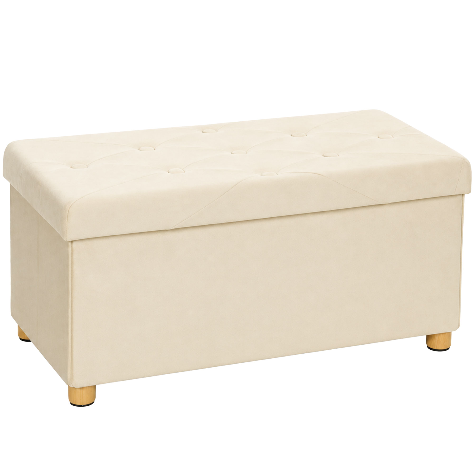 LICHFIELD Foldable Velvet Storage Ottoman Bench and Footrest with Wood Legs - Cream White - Life Essentials