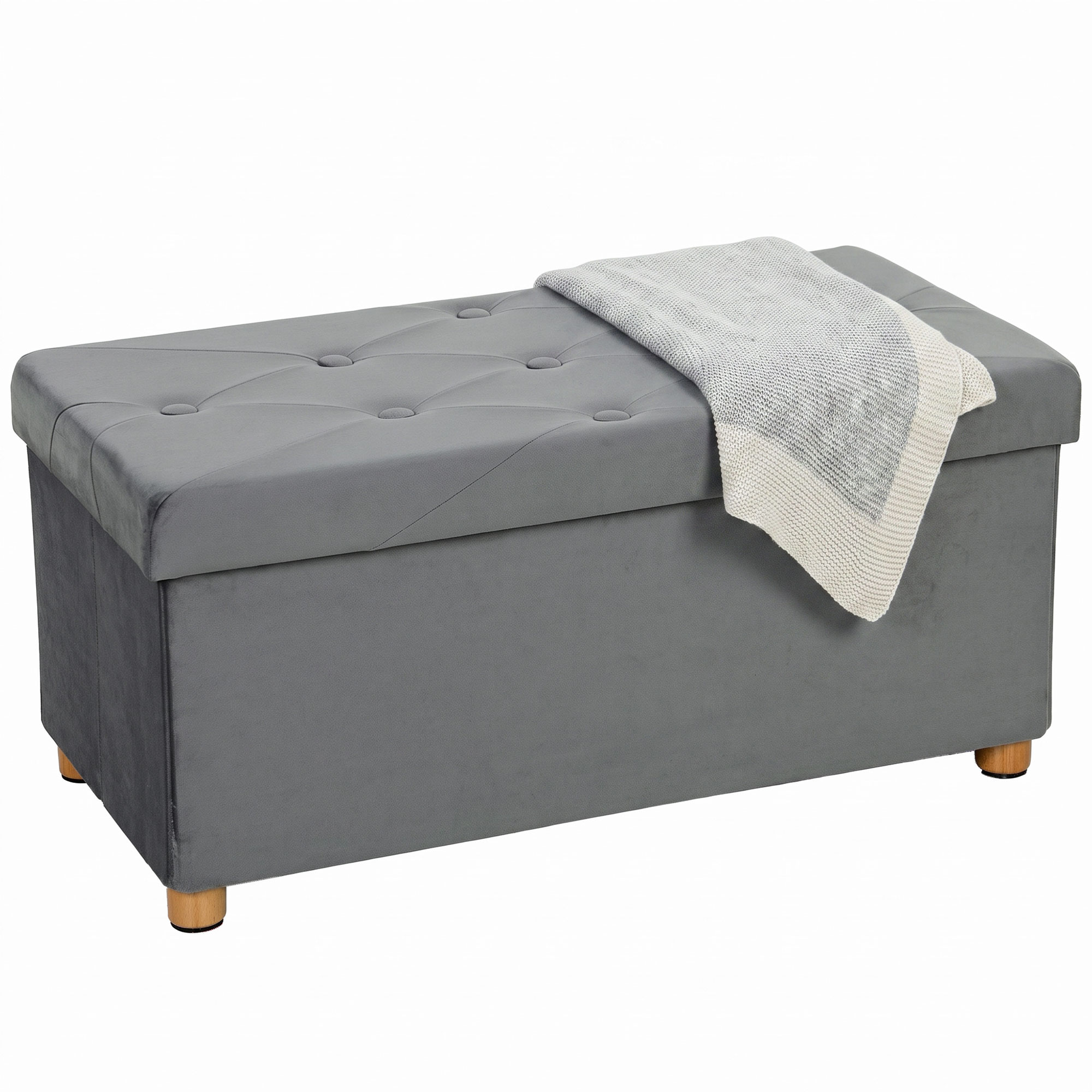 LICHFIELD Foldable Velvet Storage Ottoman Bench and Footrest with Wood Legs - Grey - Life Essentials