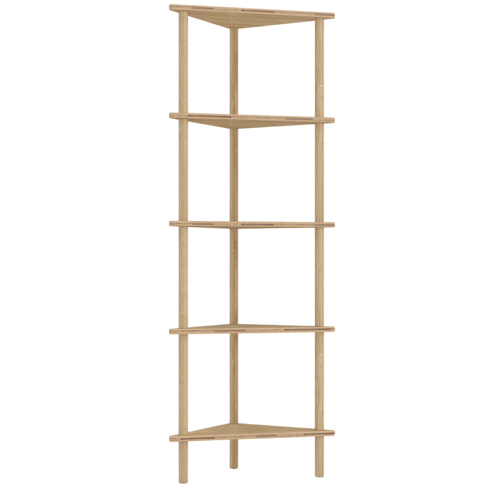 HEATHERFIELD 5 Tier Bamboo Corner Storage Shelf and Freestanding Shelving Unit - Natural Wood Finish - Life Essentials